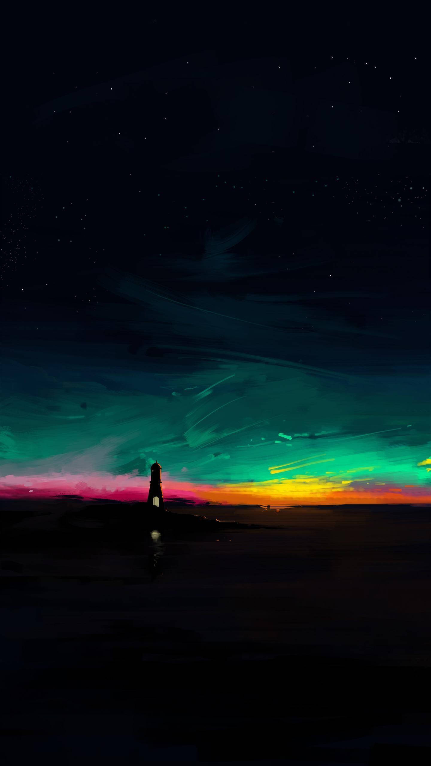 AMOLED 桌布 壁紙 — 燈塔在充滿活力的北極光下呈現剪影，北極光將夜空塗成電光綠、粉紅和黃色。