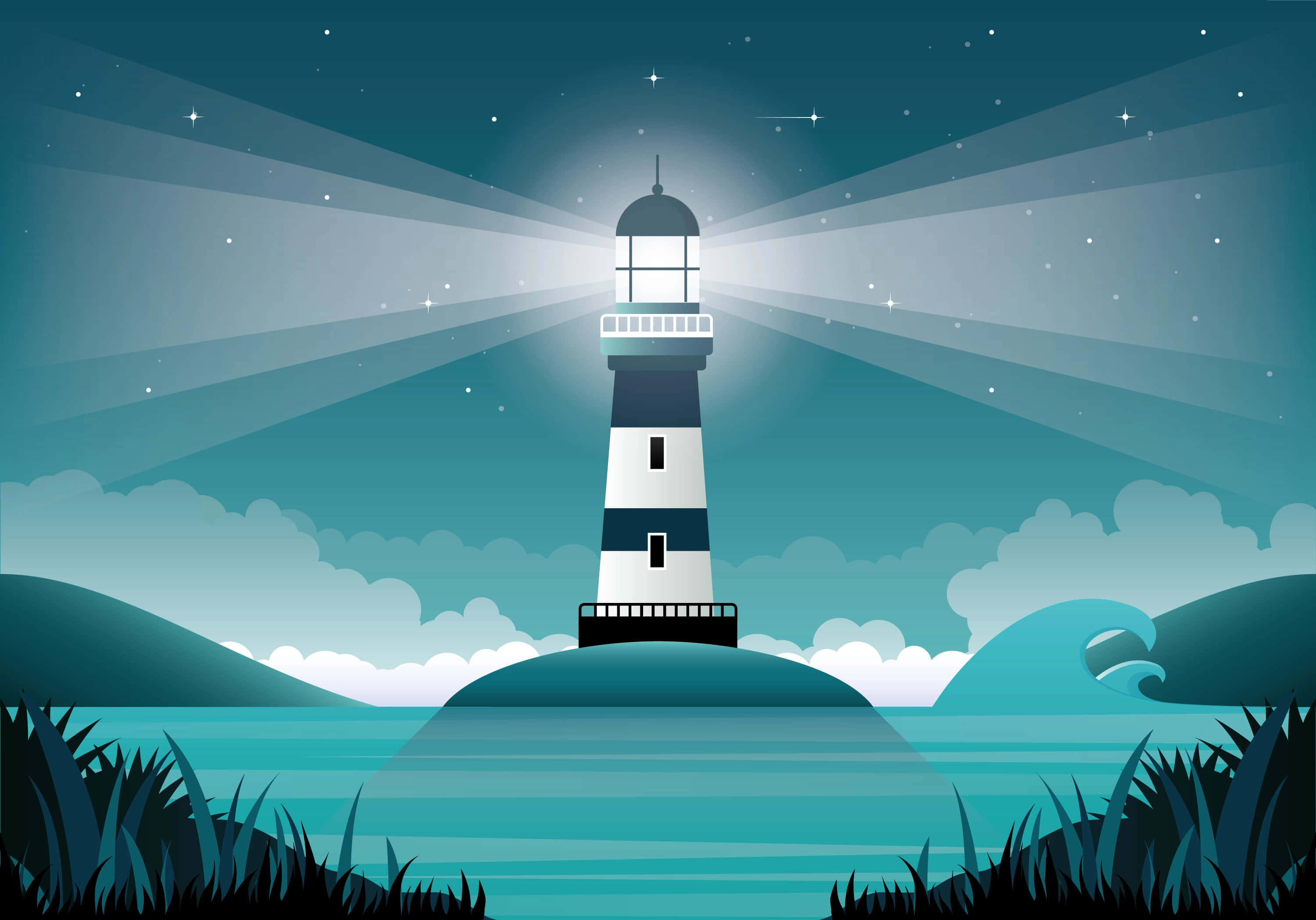 Lighthouse 桌布 壁紙 — 燈塔在星夜的海面上投射光芒，波濤起伏，草叢呈現剪影。