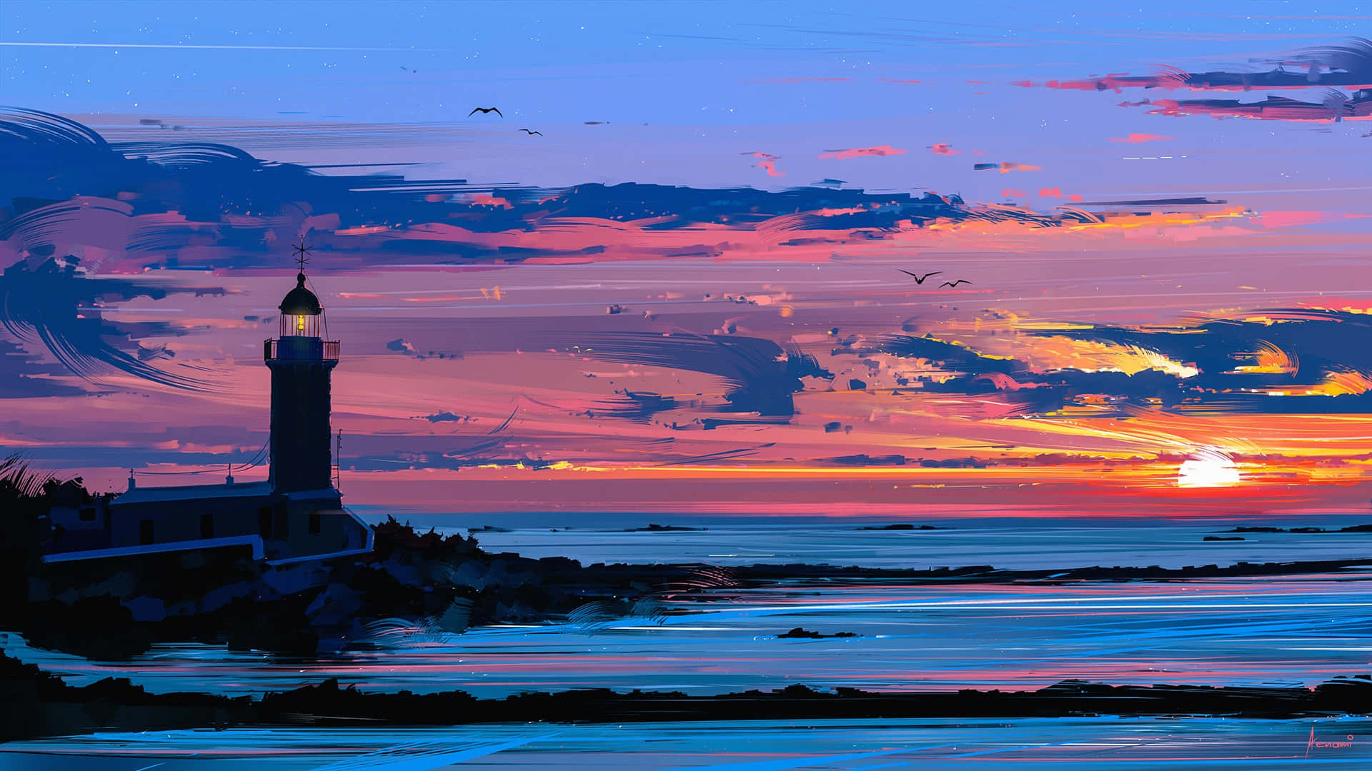 Lighthouse 桌布 壁紙 — 燈塔在色彩繽紛的日落天空襯托下呈現剪影，天空塗有粉紅色、橙色和深藍色的條紋，鳥兒在頭頂飛翔。