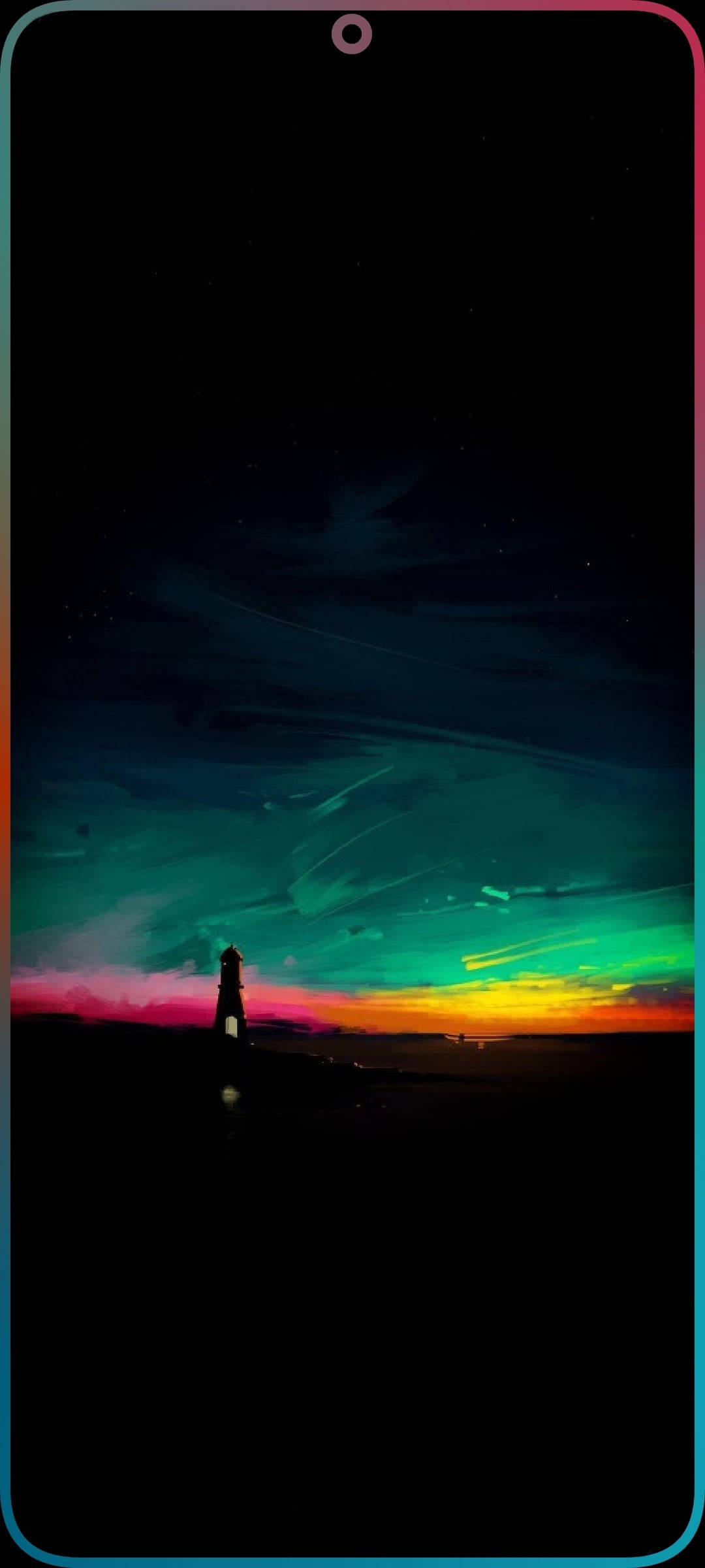 夜空 桌布 壁紙 — 燈塔的剪影矗立在充滿活力的極光天空下，散發著綠色、粉紅色和橙色的光芒。