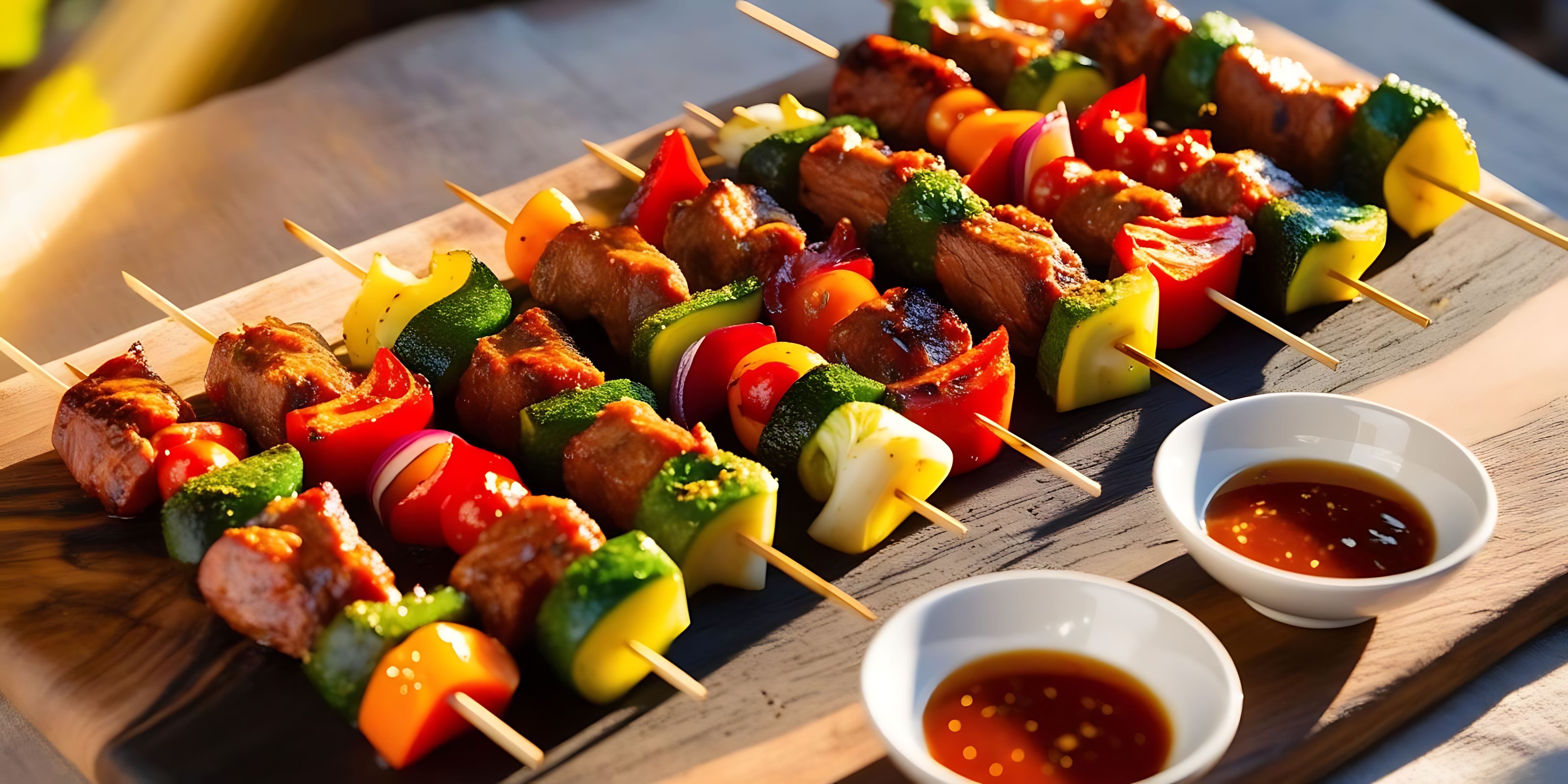 Barbecue 桌布 壁紙 — 燒烤肉類和色彩繽紛的蔬菜串放在木板上，配兩個小碗蘸醬。