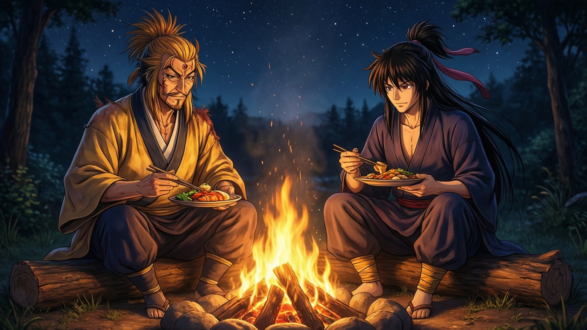 營火同伴 壁紙 — 兩位動漫戰士在森林中繁星點點的夜空下，在噼啪作響的營火旁共享一餐。