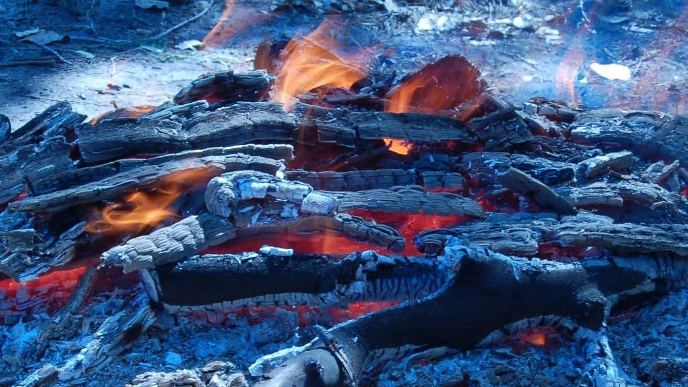 Charcoal 桌布 壁紙 — 營火坑中發光的餘燼和閃爍火焰的特寫，帶有清涼的藍色環境照明。