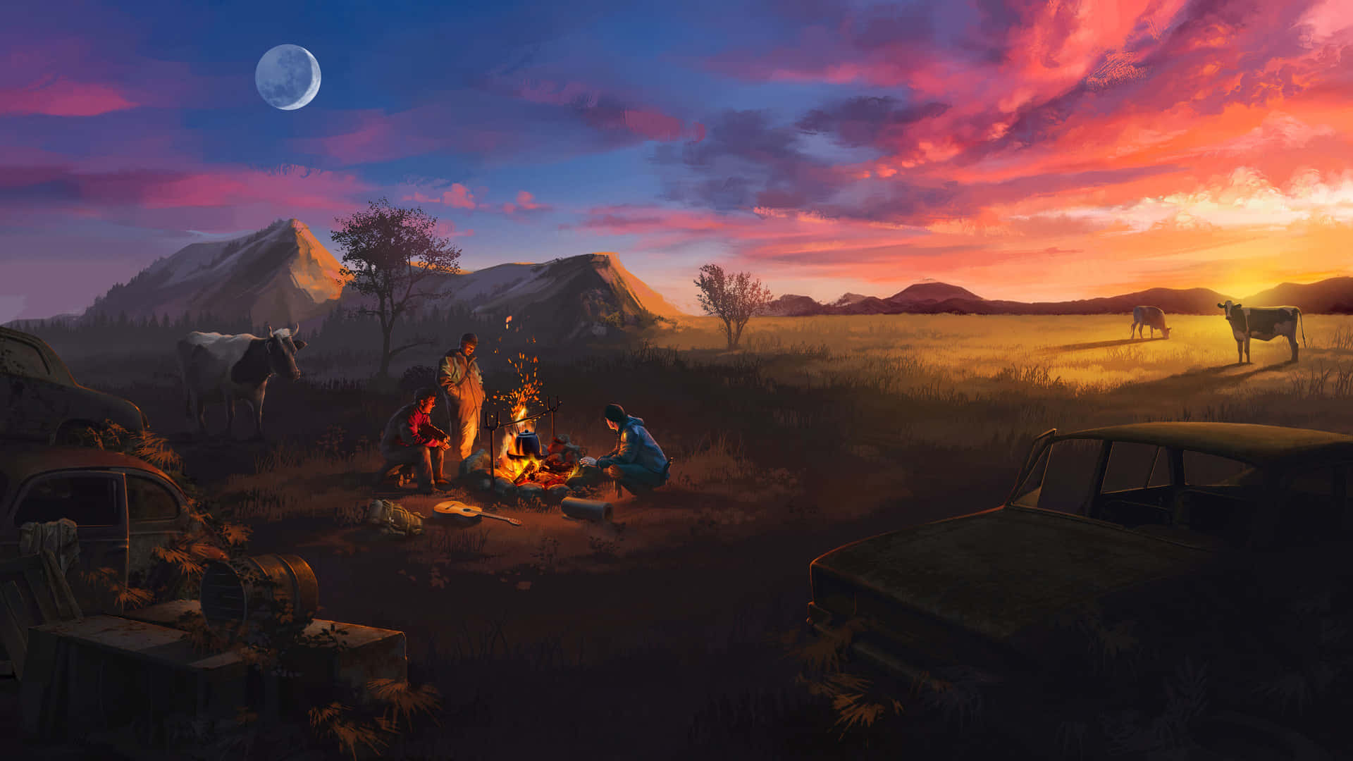 Campfire 桌布 壁紙 — 營火溫暖地發光，兩個人影坐在旁邊，在廣闊的田野中，暮色時分，山脈和牛群在月光下。