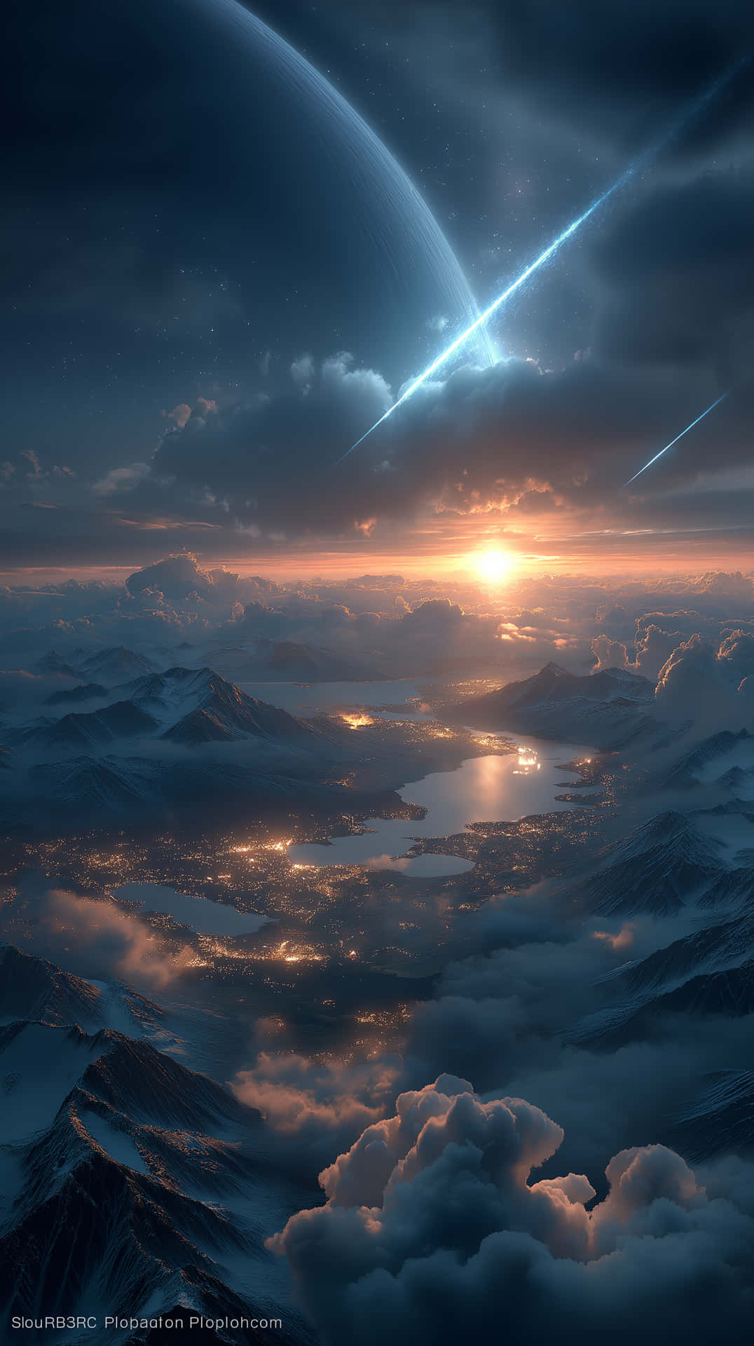 Planetary Descent Over Mountainous Landscape at Sunrise 壁紙 — 燦爛的夕陽照亮了白雪覆蓋的山谷和下方的城市，同時一顆巨大的行星和明亮的流星劃過星空。