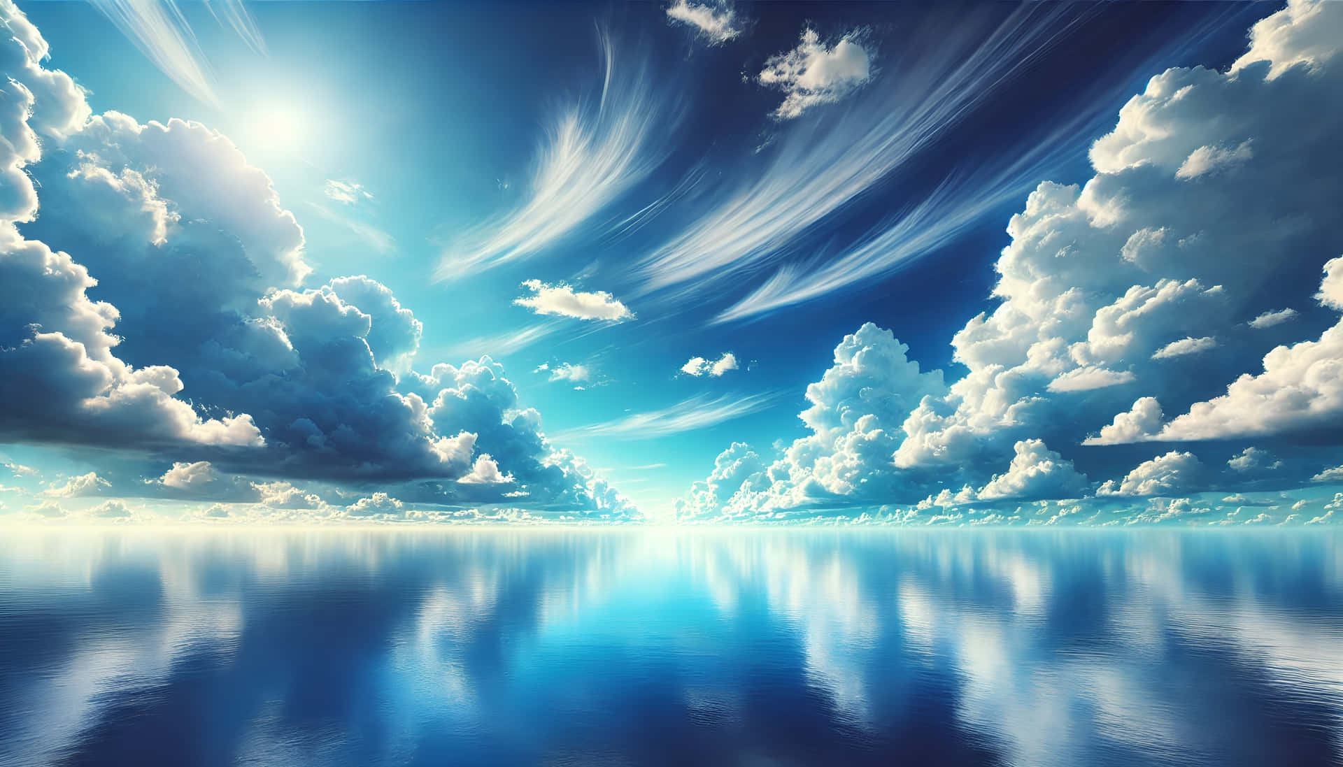 A clear blue sky with fluffy white clouds, with a bright and fresh atmosphere 壁紙 — 燦爛的太陽照亮了廣闊的天空，天空佈滿蓬鬆的白雲和纖細的卷雲條紋，完美地倒映在平靜的藍色海洋中。