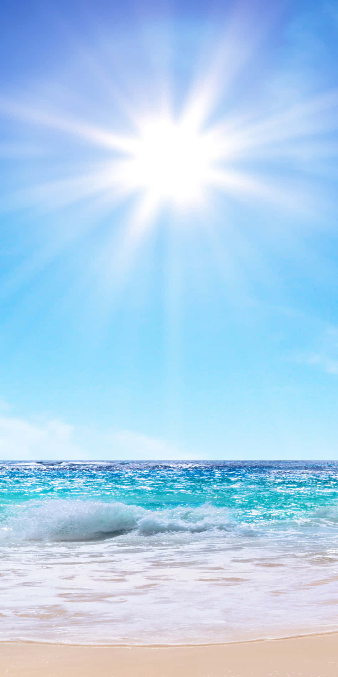 Pixel 3 Summer 桌布 壁紙 — 燦爛的太陽照耀在蔚藍的海浪上，海浪拍打著金色沙灘，天空清澈湛藍。