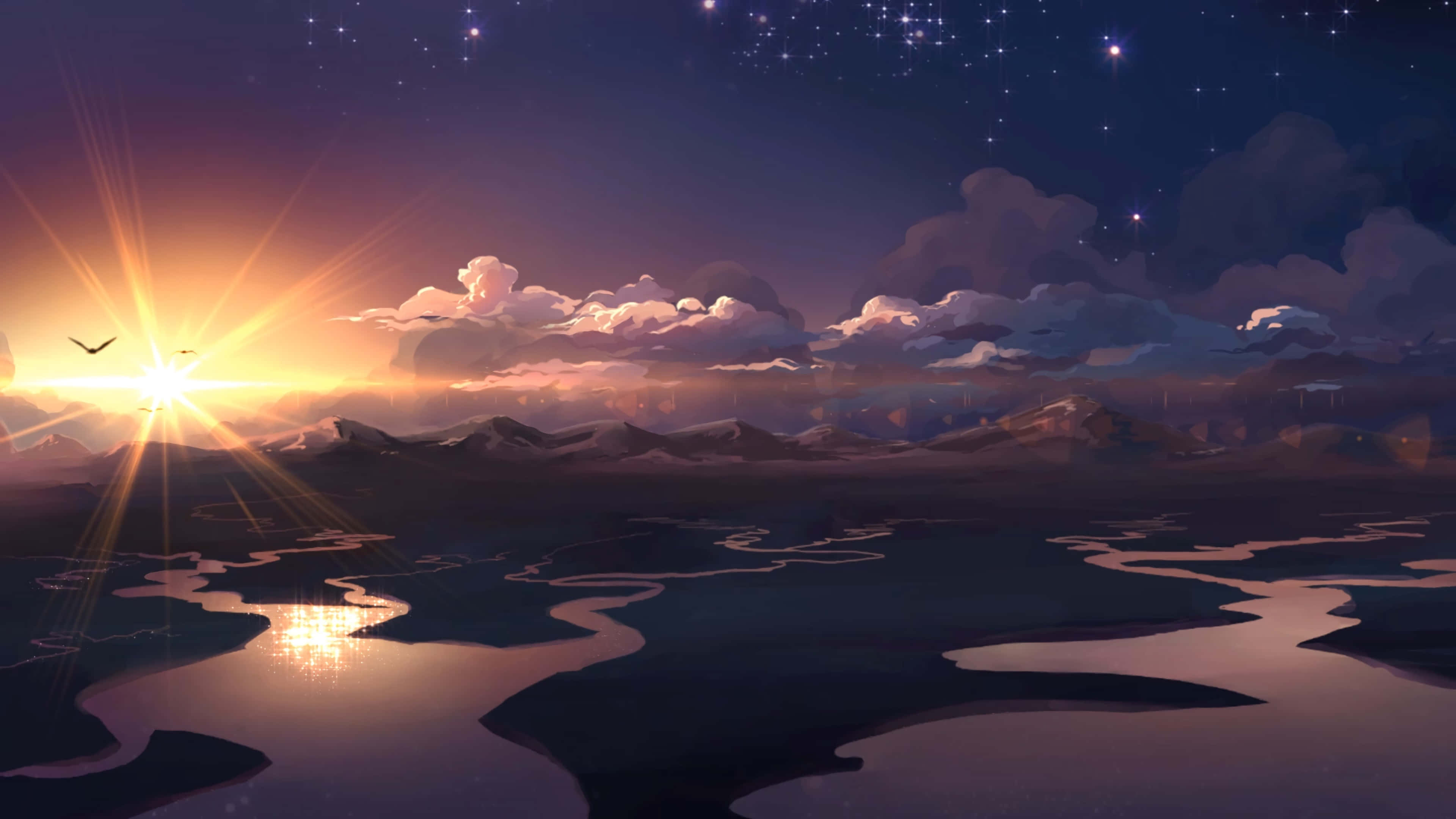 Anime Sunset 桌布 壁紙 — 燦爛的日出，照耀著蜿蜒的河流，遠方有山巒，暮色天空中仍可見星星。
