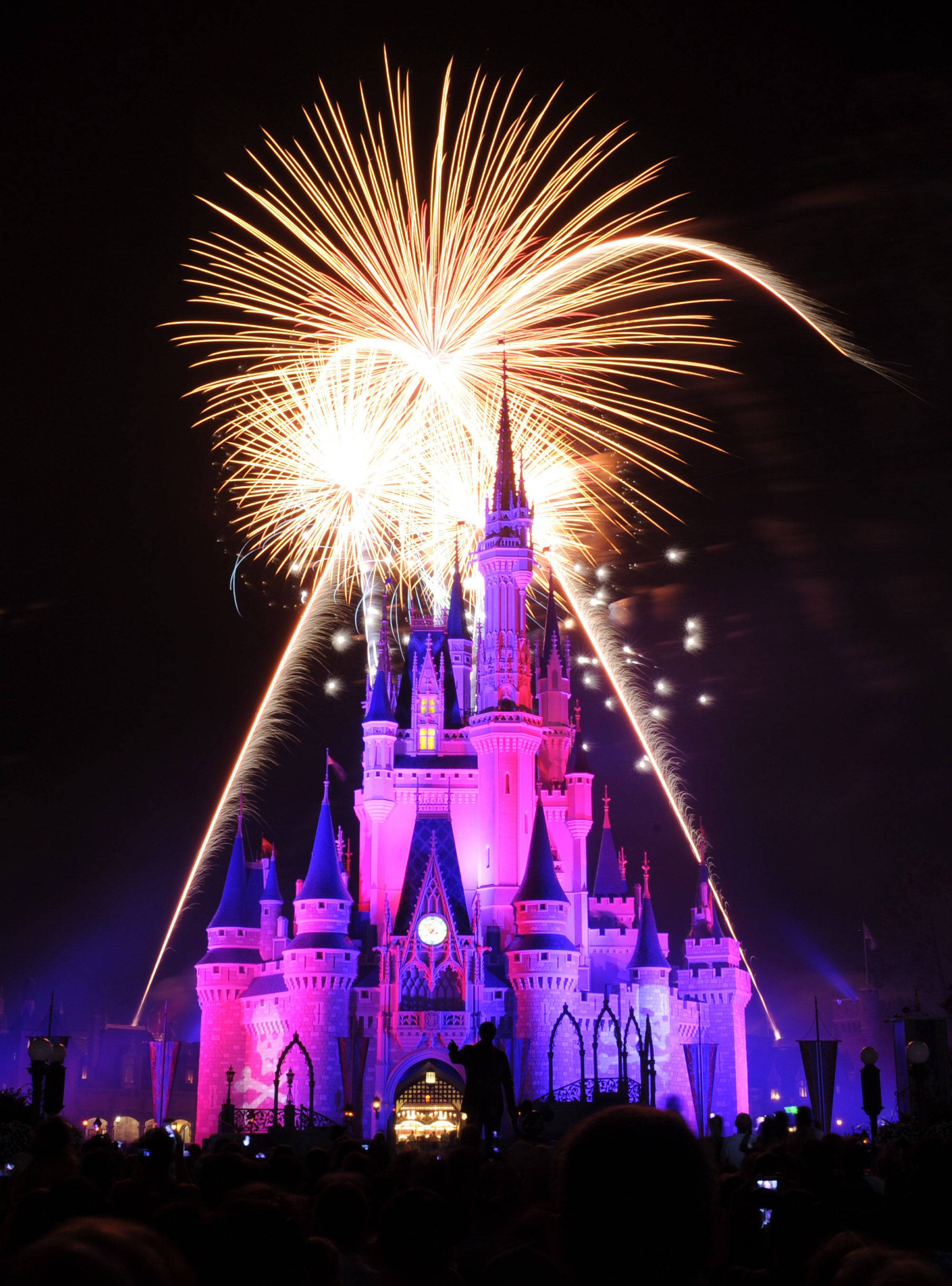 Disneyland Castle 桌布 壁紙 — 燦爛的煙火在夜晚照亮城堡上空綻放，下方是剪影般的觀眾。