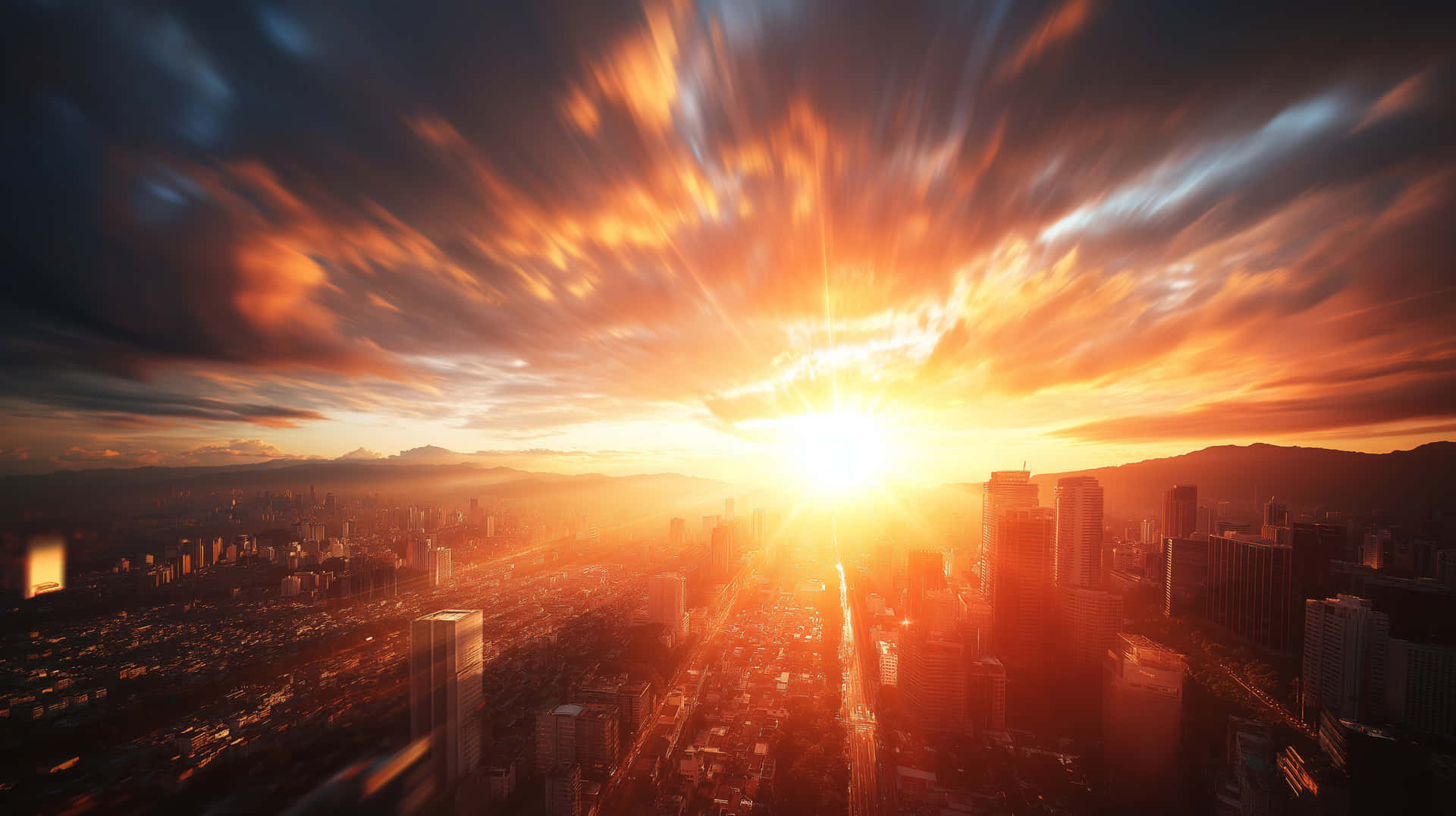 Dynamic Cityscape with Expansive Sky and Bright Rays 壁紙 — 燦爛的陽光照射著廣闊的城市景觀，夕陽西下，雲彩斑斕，摩天大樓高聳入雲。
