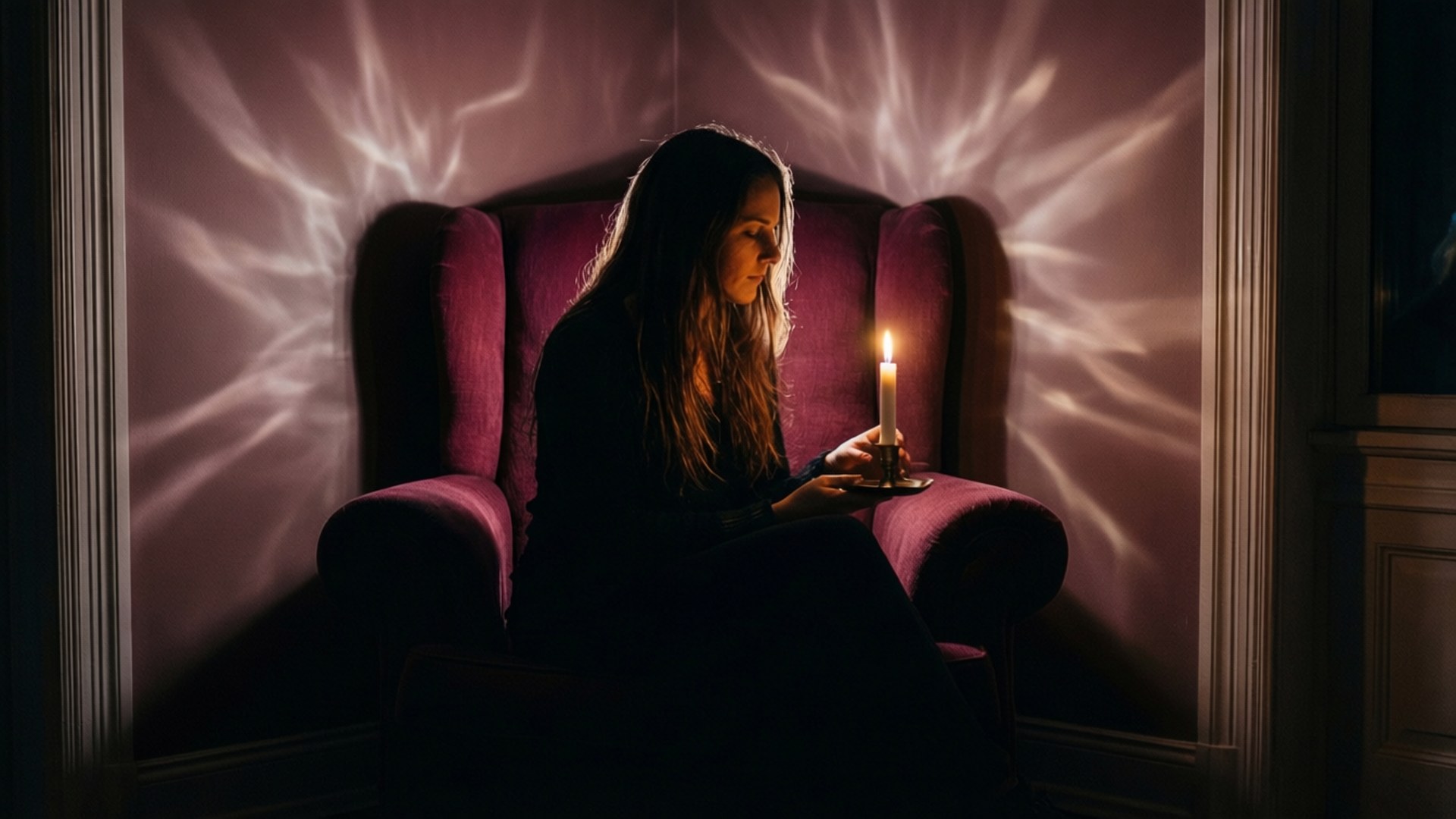 燭光下的剪影閱讀 壁紙 — 一位女士坐在一張毛絨紫色扶手椅上，手持一支點燃的蠟燭，在她身後的牆上投射出戲劇性的光影。