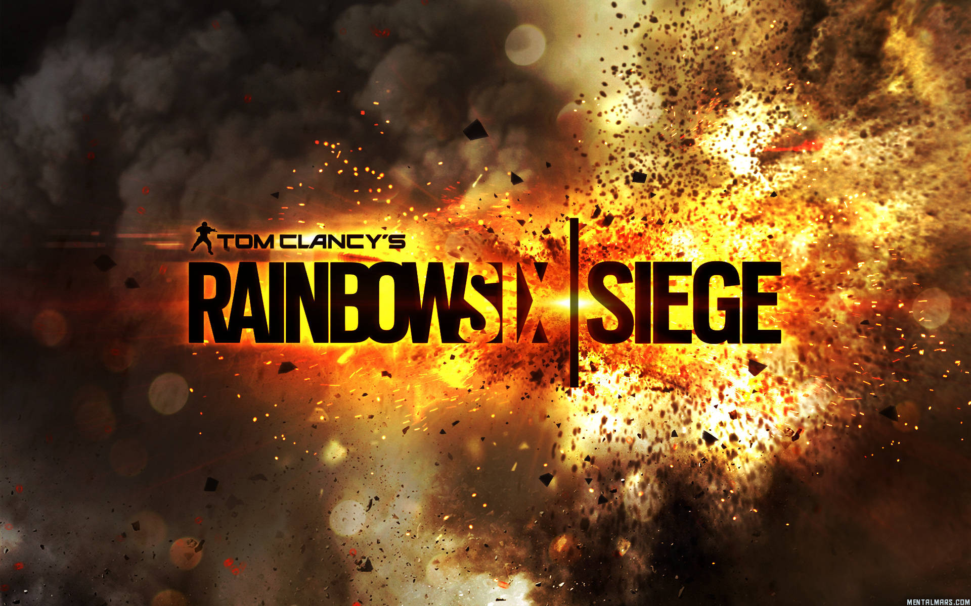 虹彩六號：圍攻行動 桌布 壁紙 — 爆炸性火焰爆發，遊戲標題 Tom Clancy's Rainbow Six Siege 以粗體黑色字體呈現，背景為煙霧和火花。