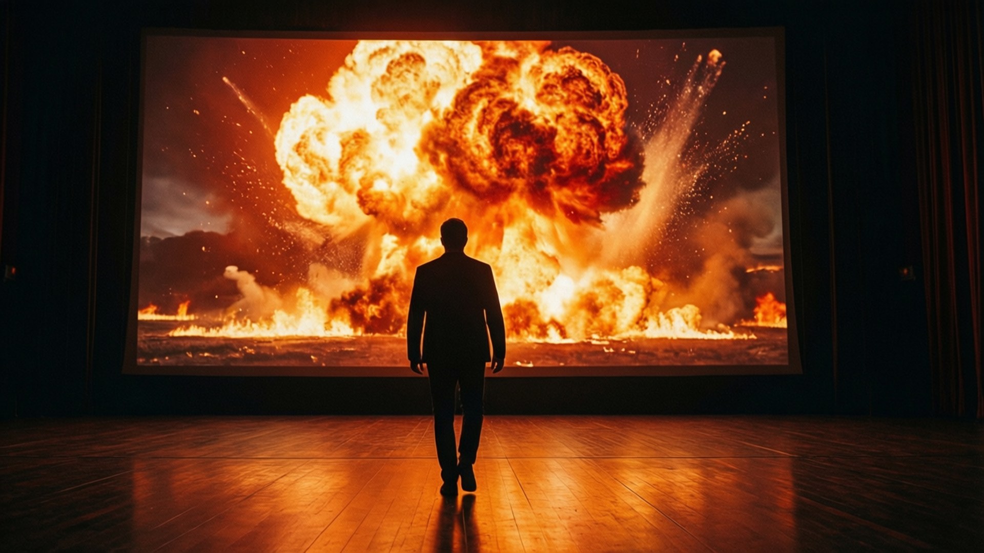 爆炸性電影散場 壁紙 — 一個穿著西裝的男人獨自站在黑暗的劇院裡，凝視著一個顯示熾熱核爆炸的巨大螢幕。