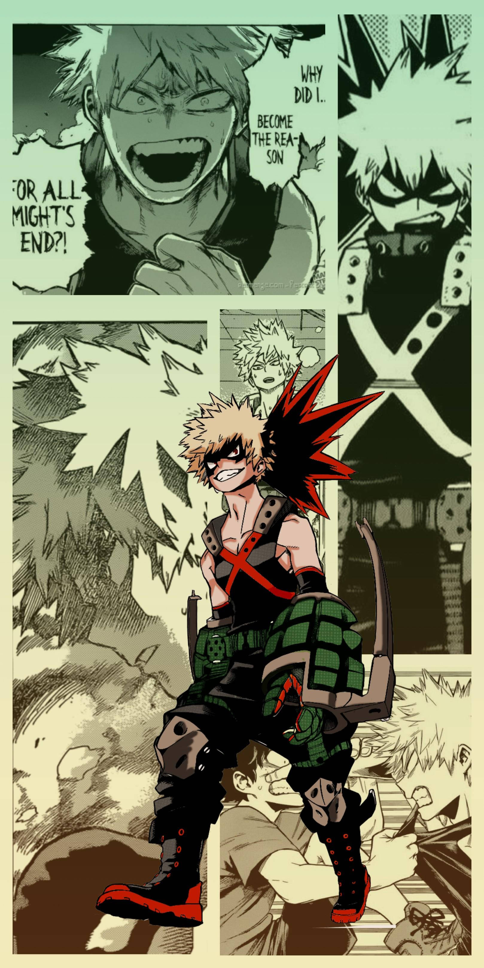 Cute Bakugou 桌布 壁紙 — 爆豪勝己的動態漫畫面板，展現充滿爆炸性能量和強烈表情的動作姿勢。