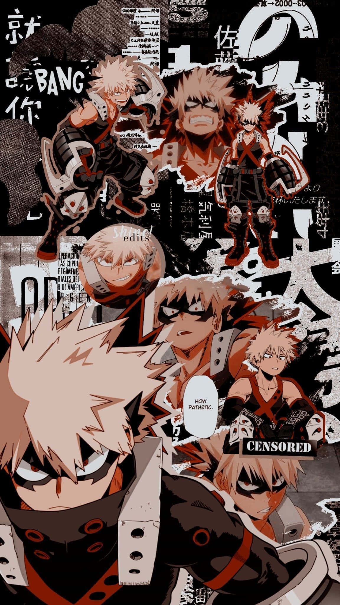 Bakugou Aesthetic 桌布 壁紙 — 爆豪各種激烈姿勢的動態動漫拼貼畫，帶有粗體紅黑漫畫風格文字疊加。