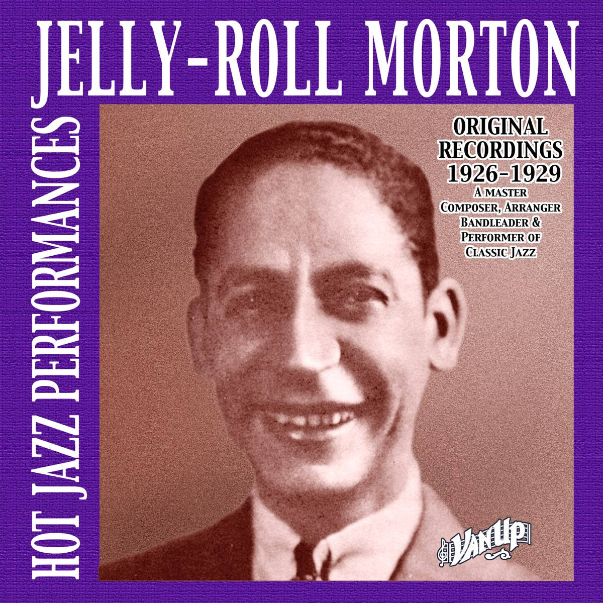 record 桌布 壁紙 — 爵士傳奇人物 Jelly-Roll Morton 在紫色邊框和專輯文字襯托下溫暖微笑的復古棕褐色肖像。