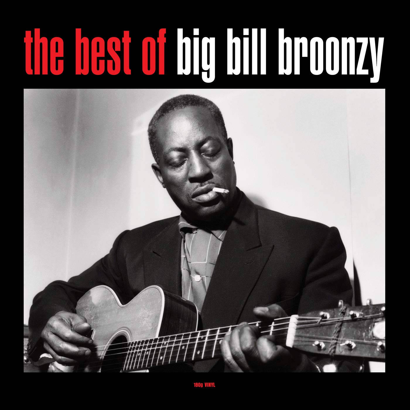 poster 桌布 壁紙 — 爵士吉他手 Big Bill Broonzy 彈奏木吉他，口中叼著香煙的黑白肖像。