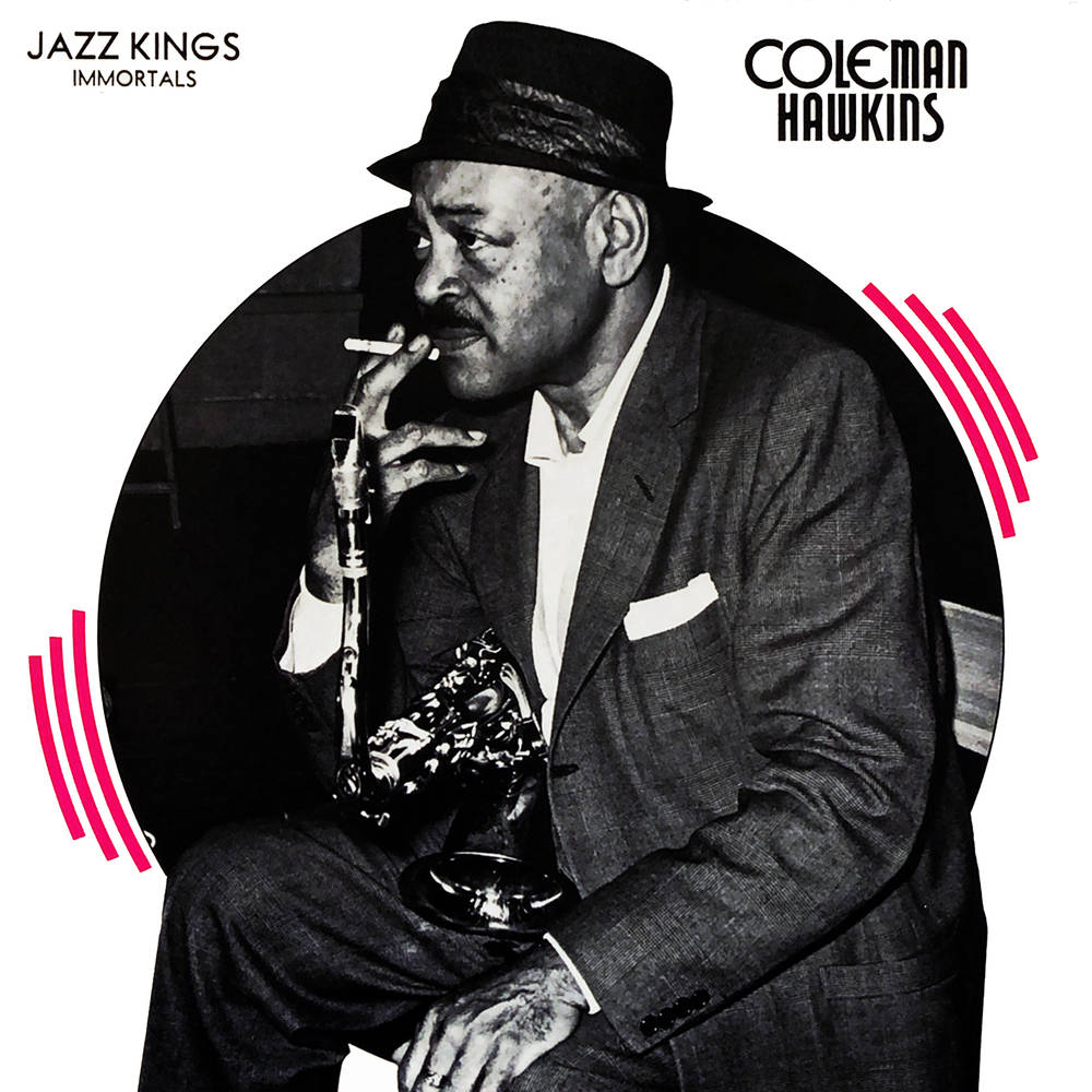 band 桌布 壁紙 — 爵士樂傳奇Coleman Hawkins的黑白肖像，戴著軟呢帽，手持香煙和薩克斯風，帶有粉紅色聲波圖形。