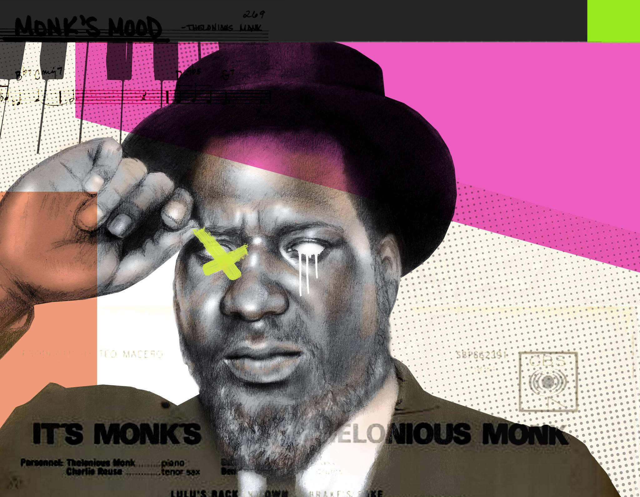 高清 桌布 壁紙 — 爵士鋼琴家Thelonious Monk的風格化肖像，眼睛上有一個黃色十字架，背景是充滿活力的幾何圖案和音樂元素。