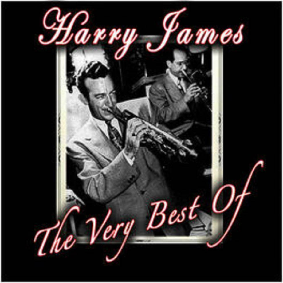 黑白 桌布 壁紙 — 爵士音樂家Harry James吹奏小號的復古黑白照片，背景有另一位音樂家，以粉紅色草書文字框住。
