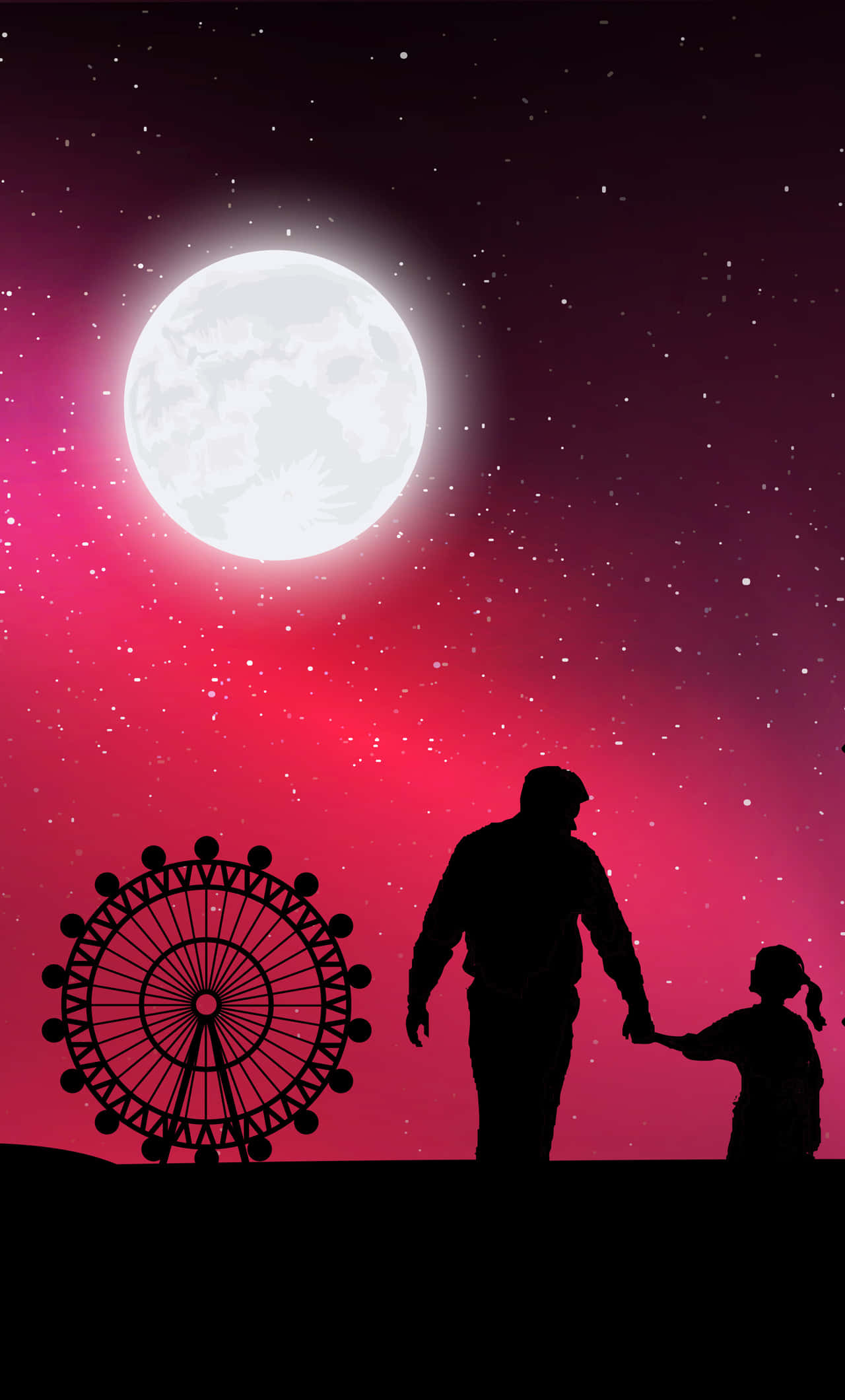 daddy 桌布 壁紙 — 父母與孩子手牽手的剪影，背景是充滿活力的粉紅色和紫色夜空，下方有發光的滿月和摩天輪。
