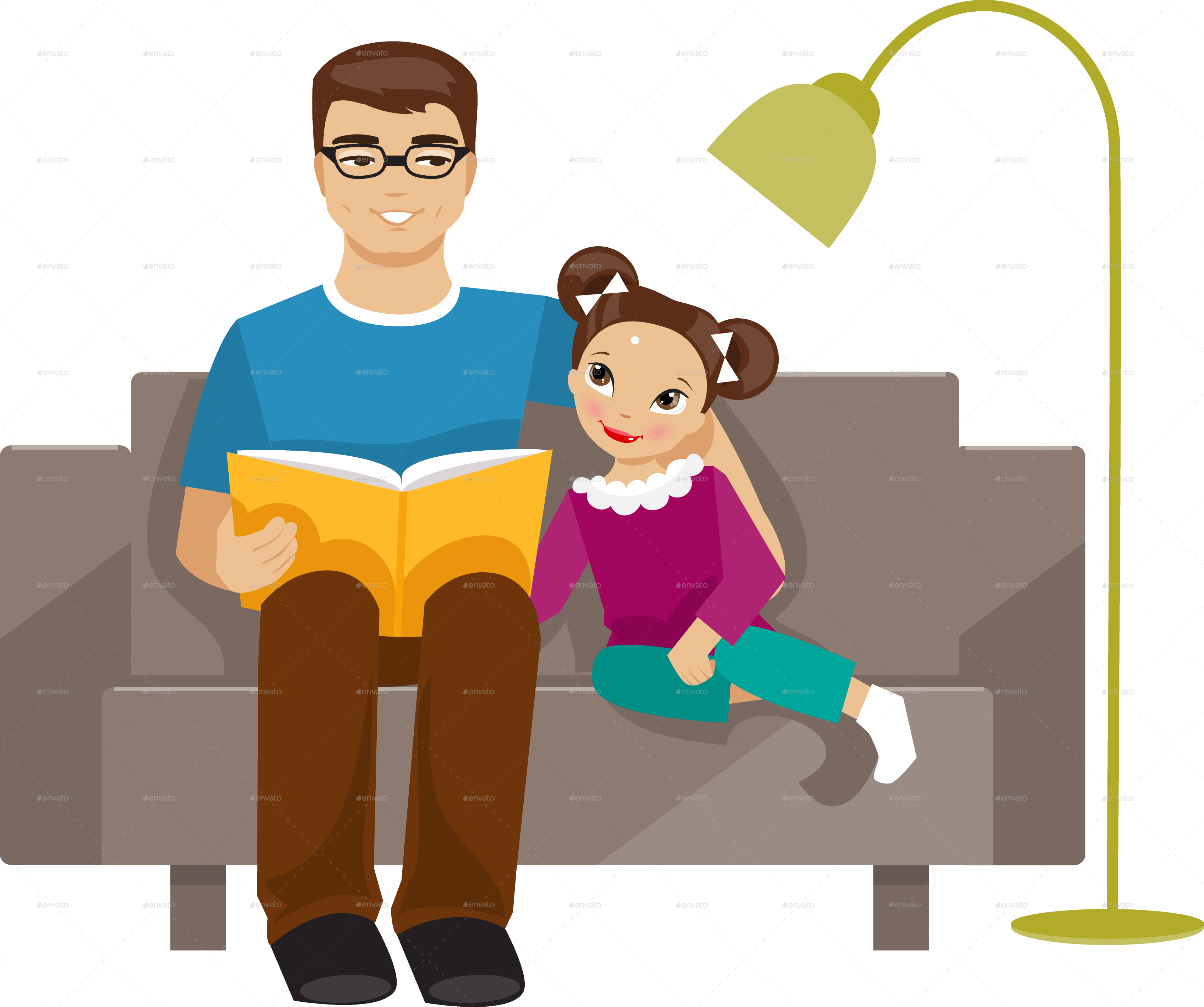Reading 桌布 壁紙 — 父親和女兒一起坐在溫暖的燈光下的沙發上，他正在為她讀一本書，營造出舒適的室內場景。