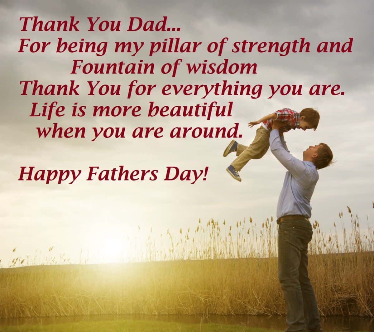 Fathers Day 桌布 壁紙 — 父親在夕陽下的金色田野中高興地高舉兒子，並覆蓋著真摯的父親節訊息。
