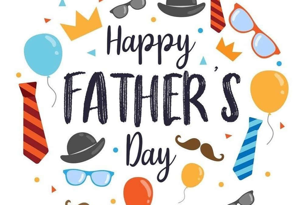 Fathers Day 桌布 壁紙 — 「父親節快樂」文字被色彩繽紛的氣球、領帶、帽子和太陽眼鏡包圍，以俏皮卡通風格呈現。