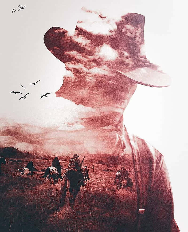 arthur morgan 桌布 壁紙 — 牛仔剪影與多雲的天空融為一體，騎手們穿越草地，鳥兒在頭頂飛翔。