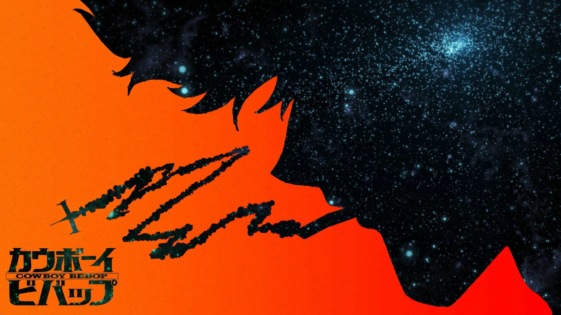 Cowboy Bebop Desktop 桌布 壁紙 — 牛仔動漫角色剪影，背景為星空夜空，帶有橙色漸變背景和標題文字。