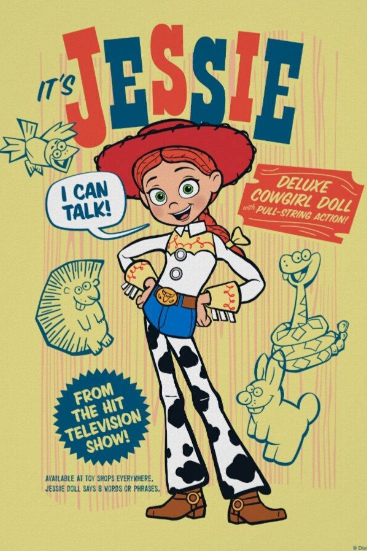 Jessie 桌布 壁紙 — 牛仔女孩公仔Jessie穿著她的標誌性服裝，自信地站在色彩繽紛的復古玩具廣告中，周圍有玩具動物。