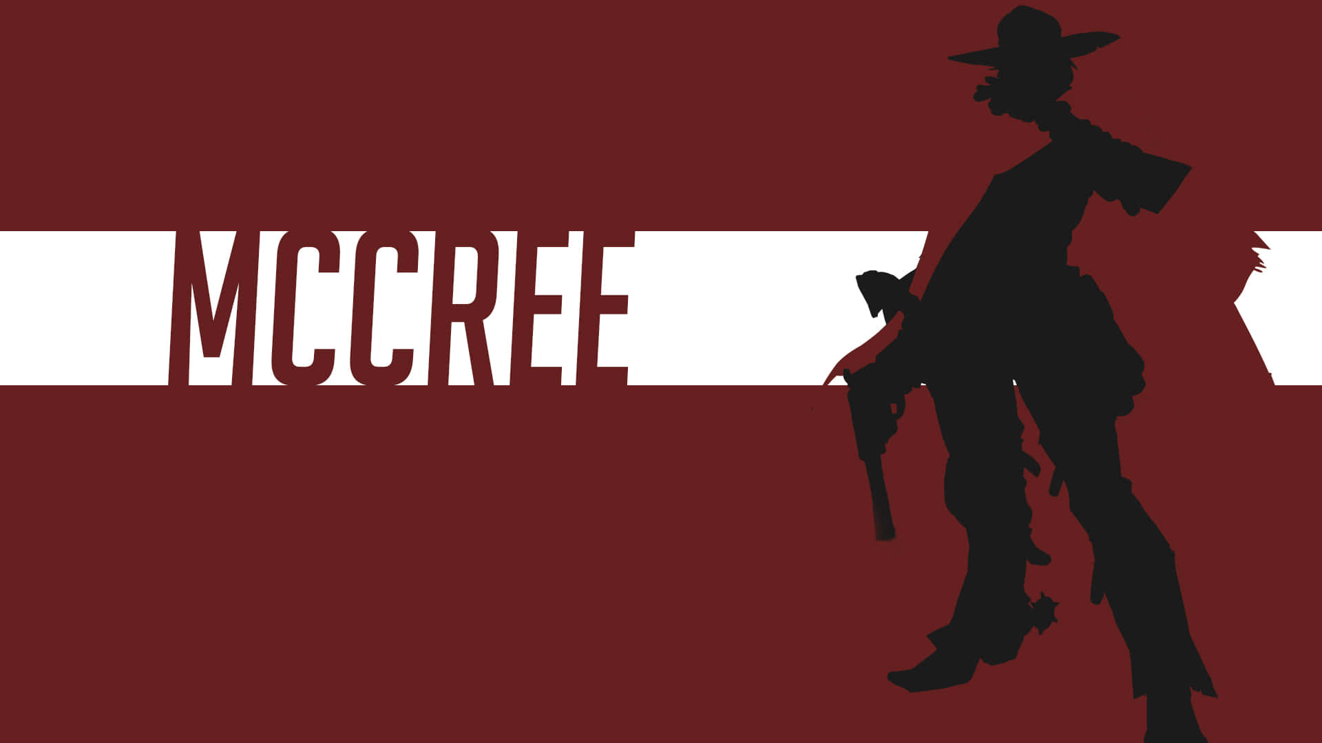 桌布 壁紙 — 牛仔手持手槍的剪影，背景為深紅色，帶有粗體白色「MCCREE」文字。