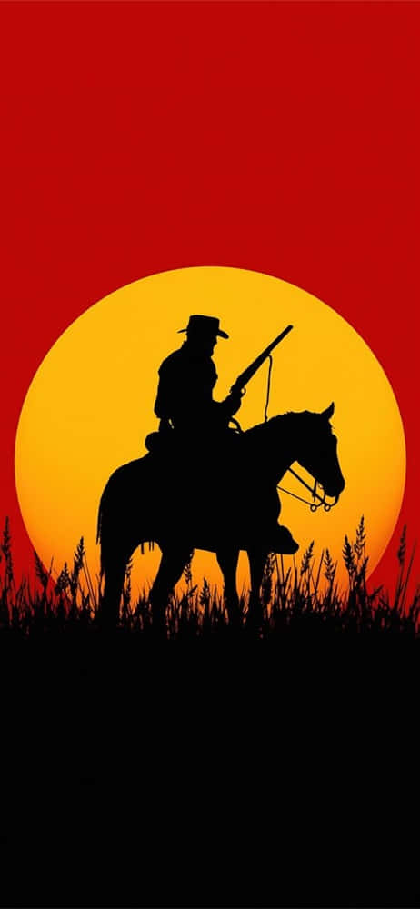 電玩遊戲 桌布 壁紙 — 牛仔騎馬持步槍，以火紅金黃的日落為背景的剪影。
