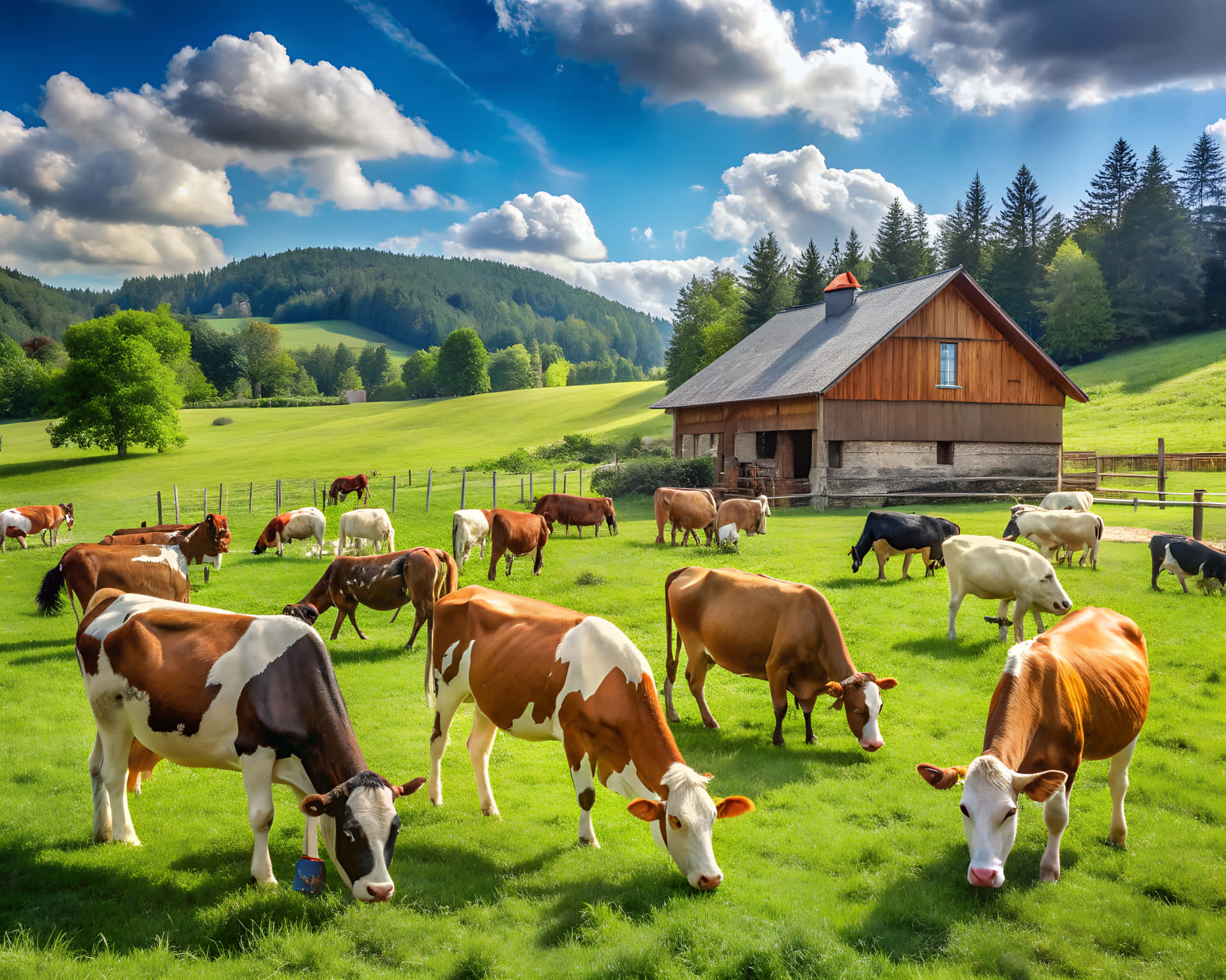 Agriculture farm 壁紙 — 牛群在木製穀倉附近，在明亮的藍天白雲下，在充滿活力的綠色牧場吃草。