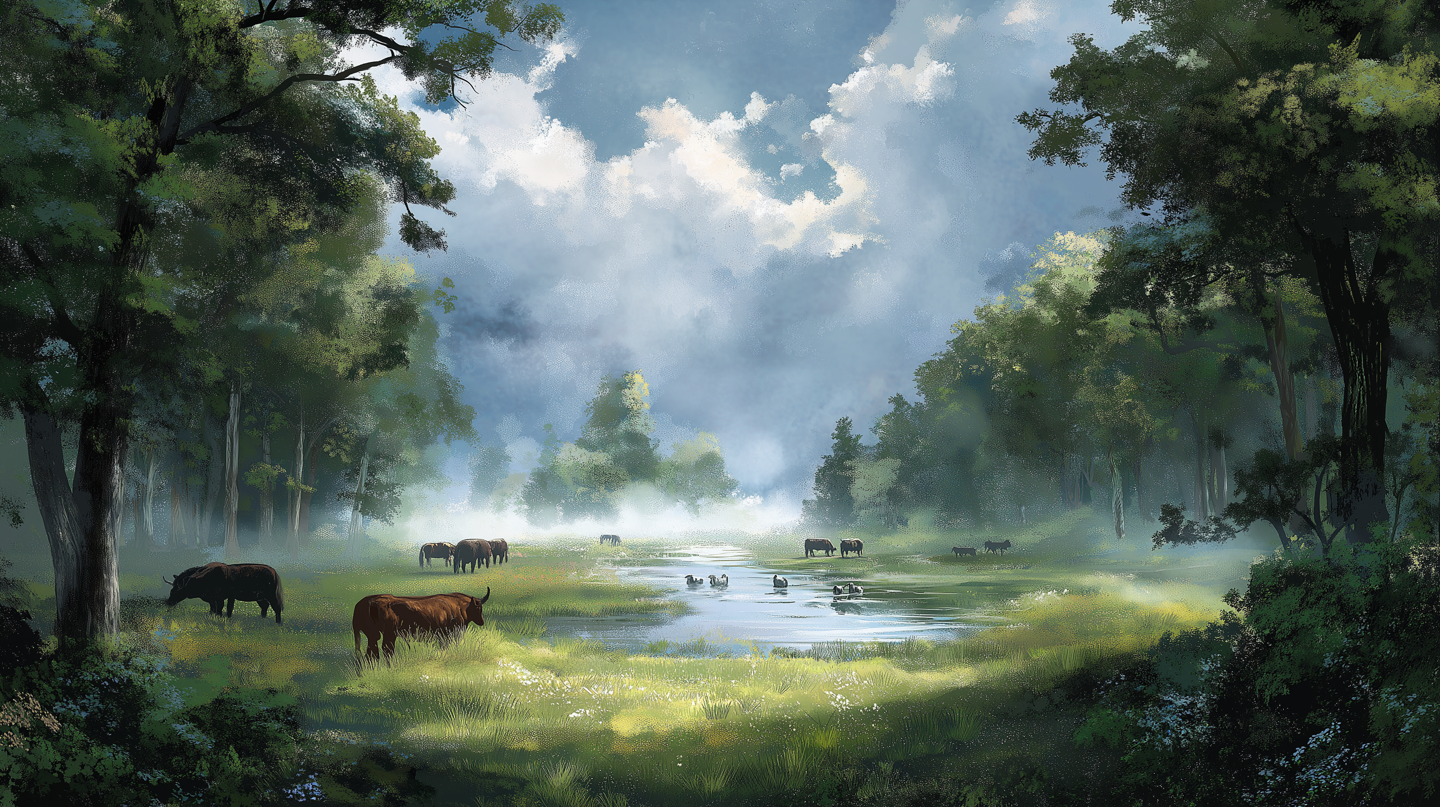 Cattle 桌布 壁紙 — 牛群在霧氣瀰漫的草地上吃草，旁邊是一條平靜的河流，兩旁高聳的樹木在陰天天空下形成框架。