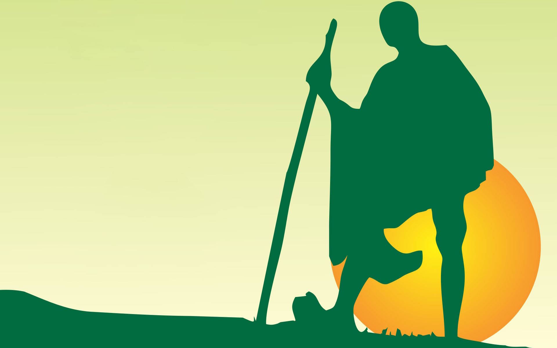Mahatma Gandhi 桌布 壁紙 — 牧羊人帶著牧杖和狗，站在發光的橙色太陽前，背景是柔和的綠色漸變天空的剪影。