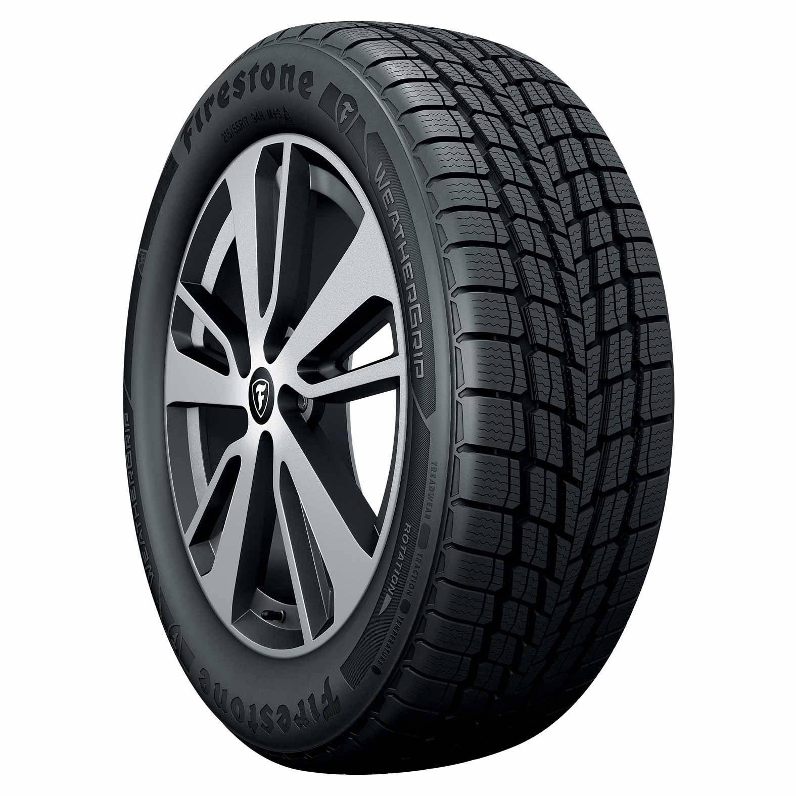 Firestone 桌布 壁紙 — 特寫 Firestone WeatherGrip 輪胎安裝在時尚銀色合金輪圈上，背景為純白色。