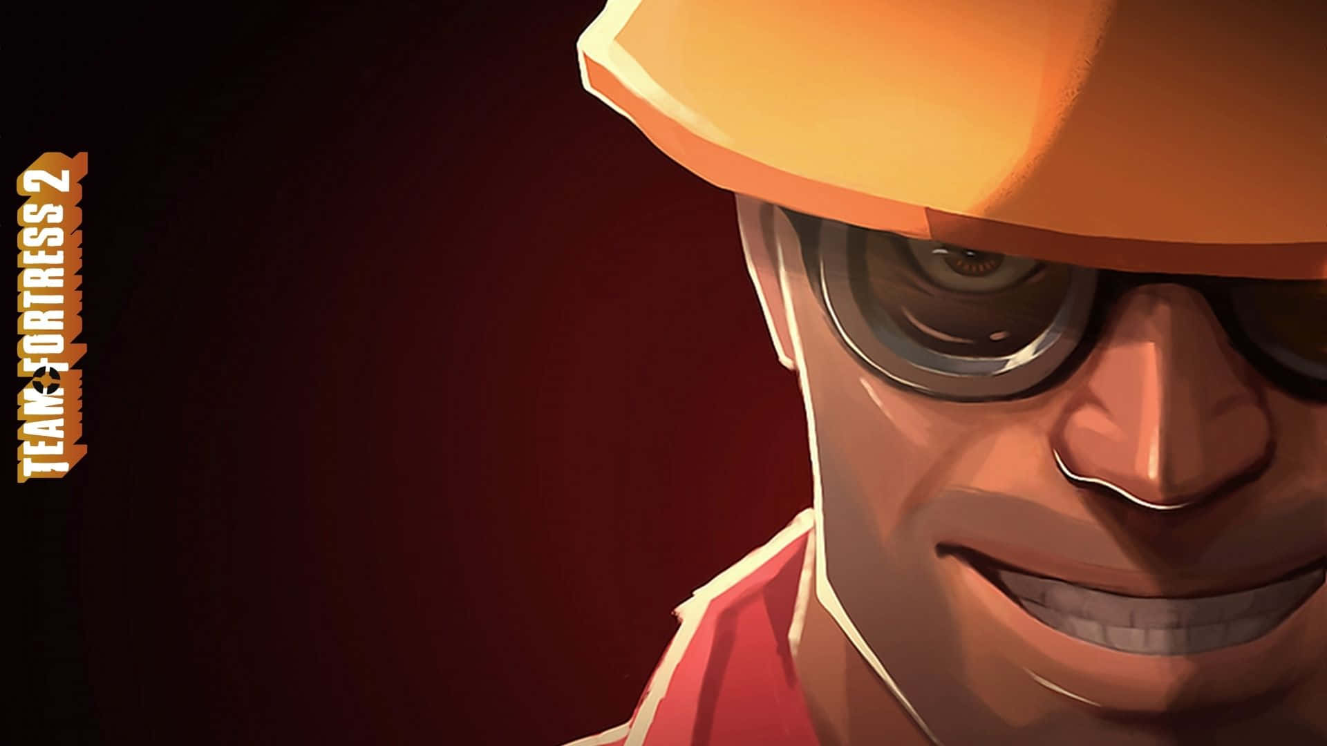 1920x1080 Tf2 桌布 壁紙 — 特寫一位戴橙色安全帽和眼鏡的開心卡通工程師，背景為深紅色。
