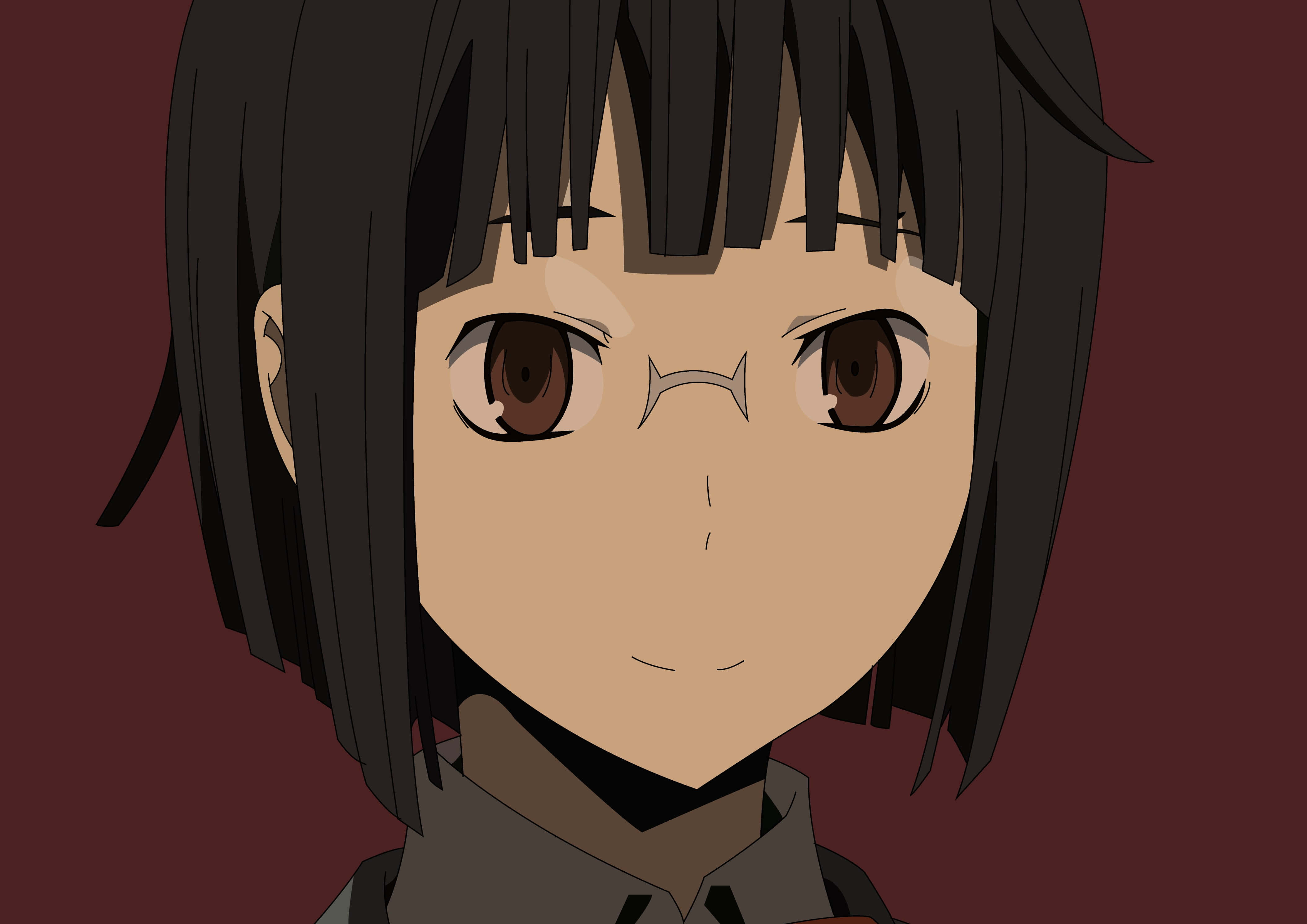 Anri Sonohara 桌布 壁紙 — 特寫一位短黑髮、棕色眼睛的動漫女孩，背景為深紅色。
