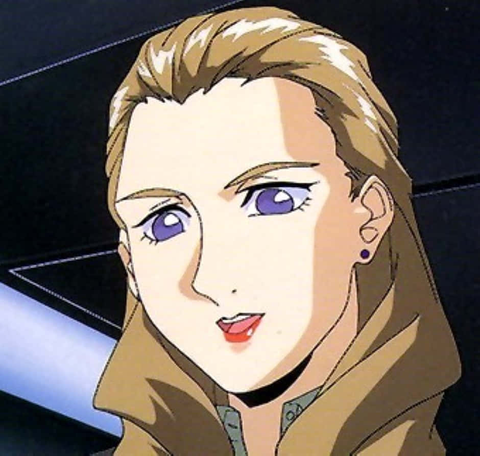 Gundam Wing Sally Po 桌布 壁紙 — 特寫一位金髮紫眼的動漫女性，身穿棕色外套，背景為深色。