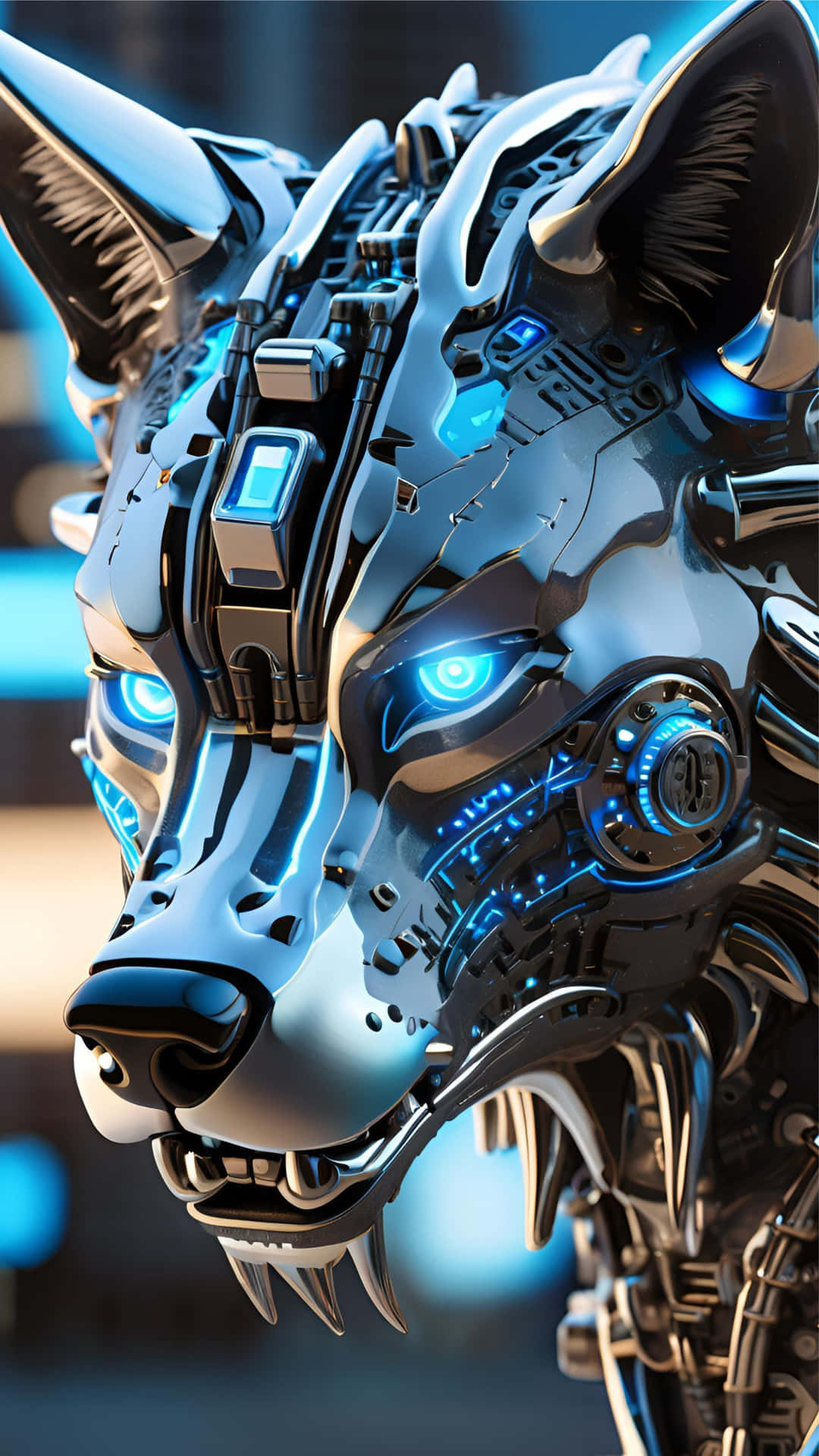 A cybernetic wolf head 壁紙 — 特寫一個光滑的鉻合金機械狼頭，帶有發光的藍色眼睛和複雜的電路，背景是模糊的未來城市景觀。