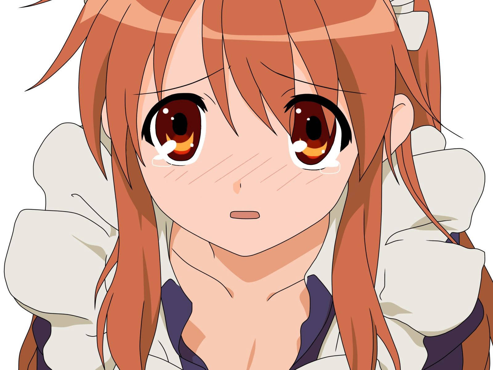 Animated 桌布 壁紙 — 特寫一個動漫女孩，橙色頭髮，棕色大眼睛，在白色背景前顯得很驚訝。
