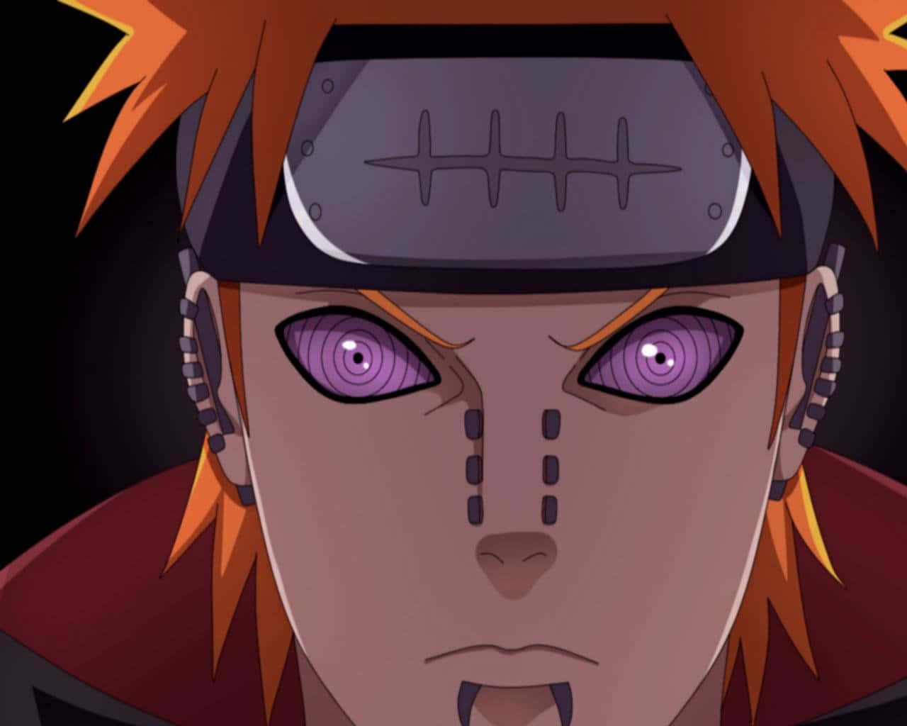 Akatsuki Pain 桌布 壁紙 — 特寫一個動漫角色，擁有尖刺的橙色頭髮、紫色眼睛和額頭護具，背景為深色。