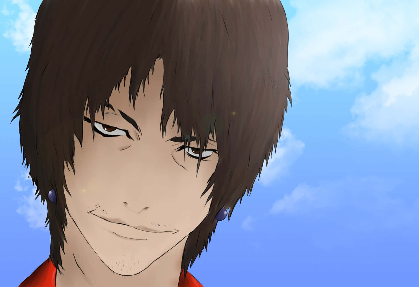 Samurai Champloo 桌布 壁紙 — 特寫一個動畫男性角色，棕色頭髮，紫色耳環，背景是明亮的藍天和蓬鬆的雲朵。