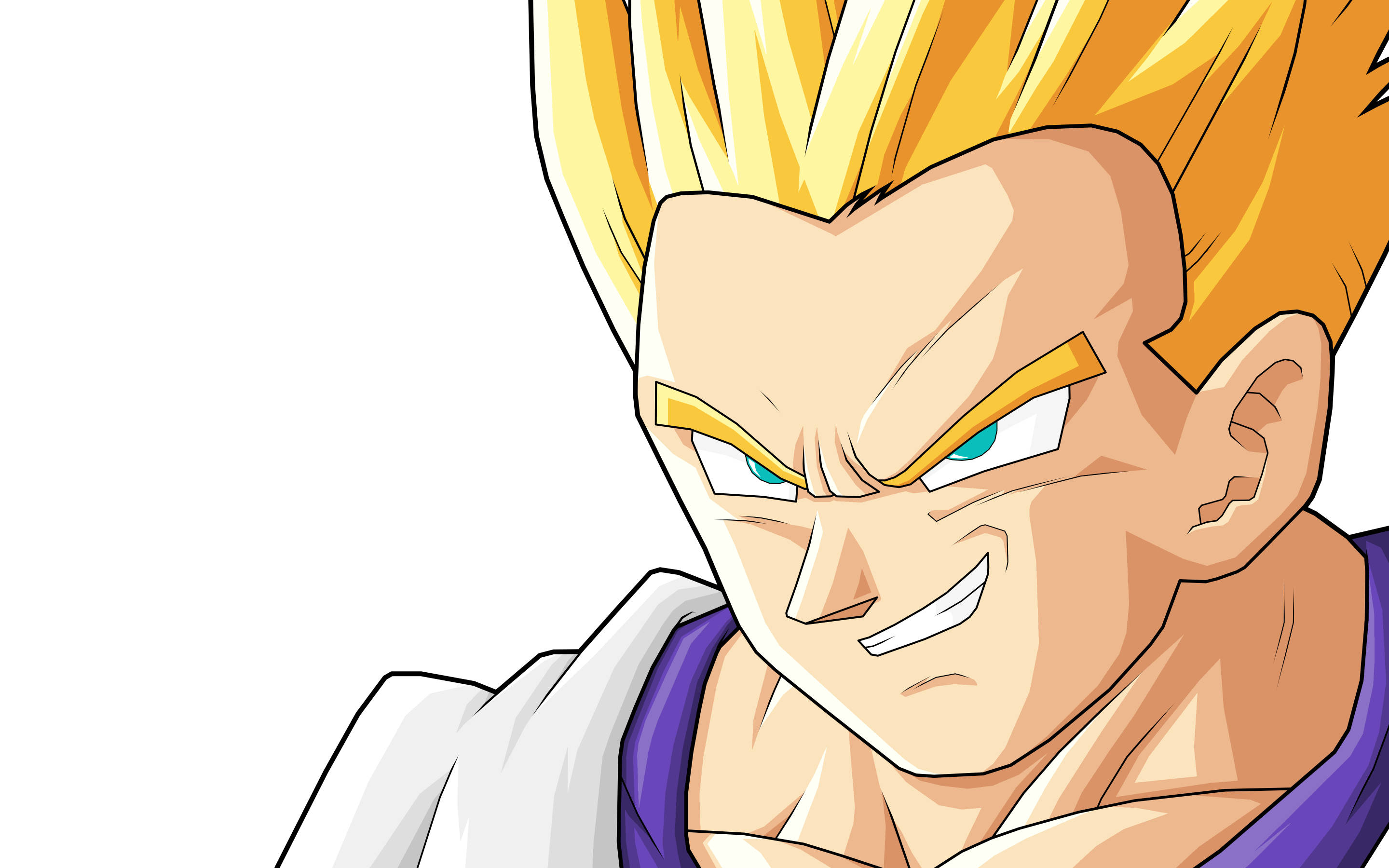 Goten 桌布 壁紙 — 特寫一個堅定的動漫戰士，擁有尖刺金髮和強烈的藍色眼睛，背景為純白色。