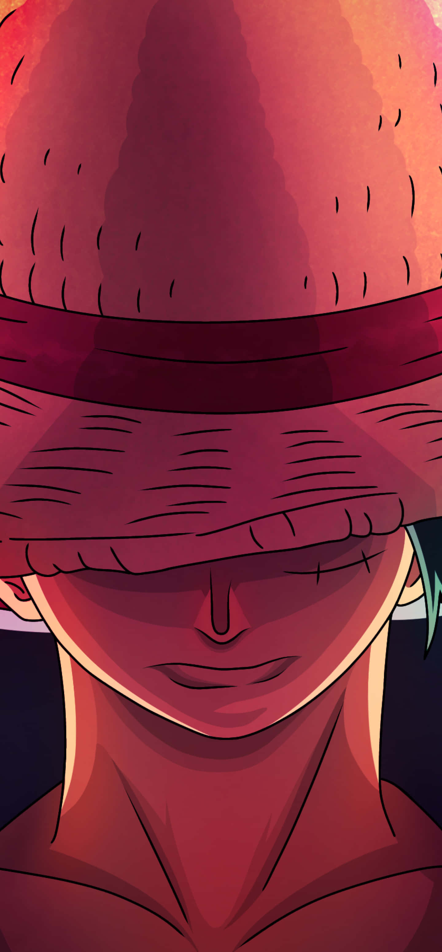 One Piece Characters 桌布 壁紙 — 特寫一個戴著面具、寬邊帽，在溫暖紅光下表情平靜的動漫角色。