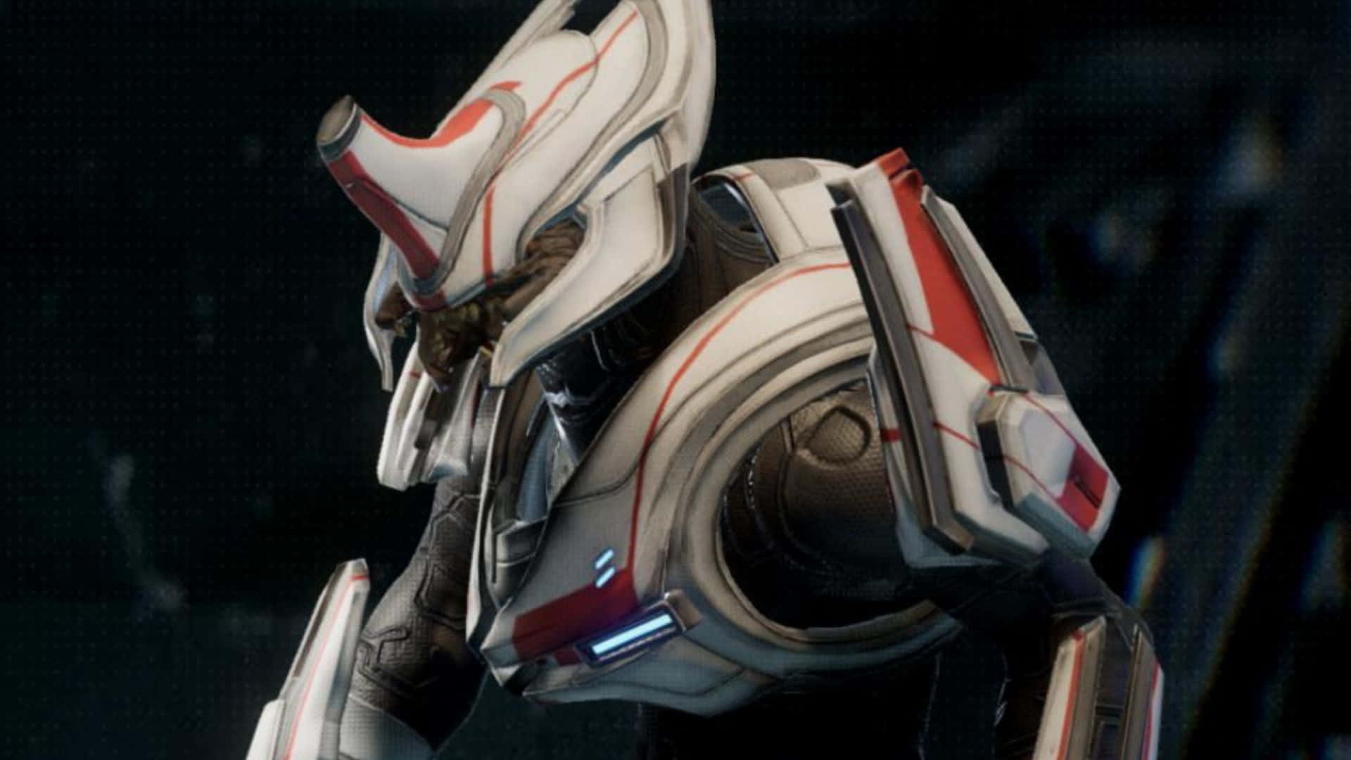 Sangheili 桌布 壁紙 — 特寫一個未來風格的白色和紅色裝甲頭盔，帶有發光藍色點綴，背景為深色。