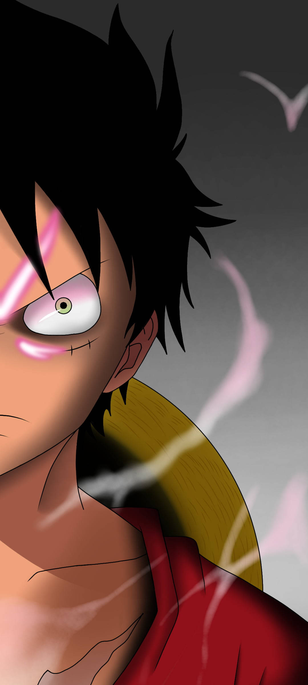 luffy gear 4 桌布 壁紙 — 特寫一個決心堅定的動畫男孩，擁有刺蝟般的黑髮和發光的粉紅色眼睛，背景為深灰色。
