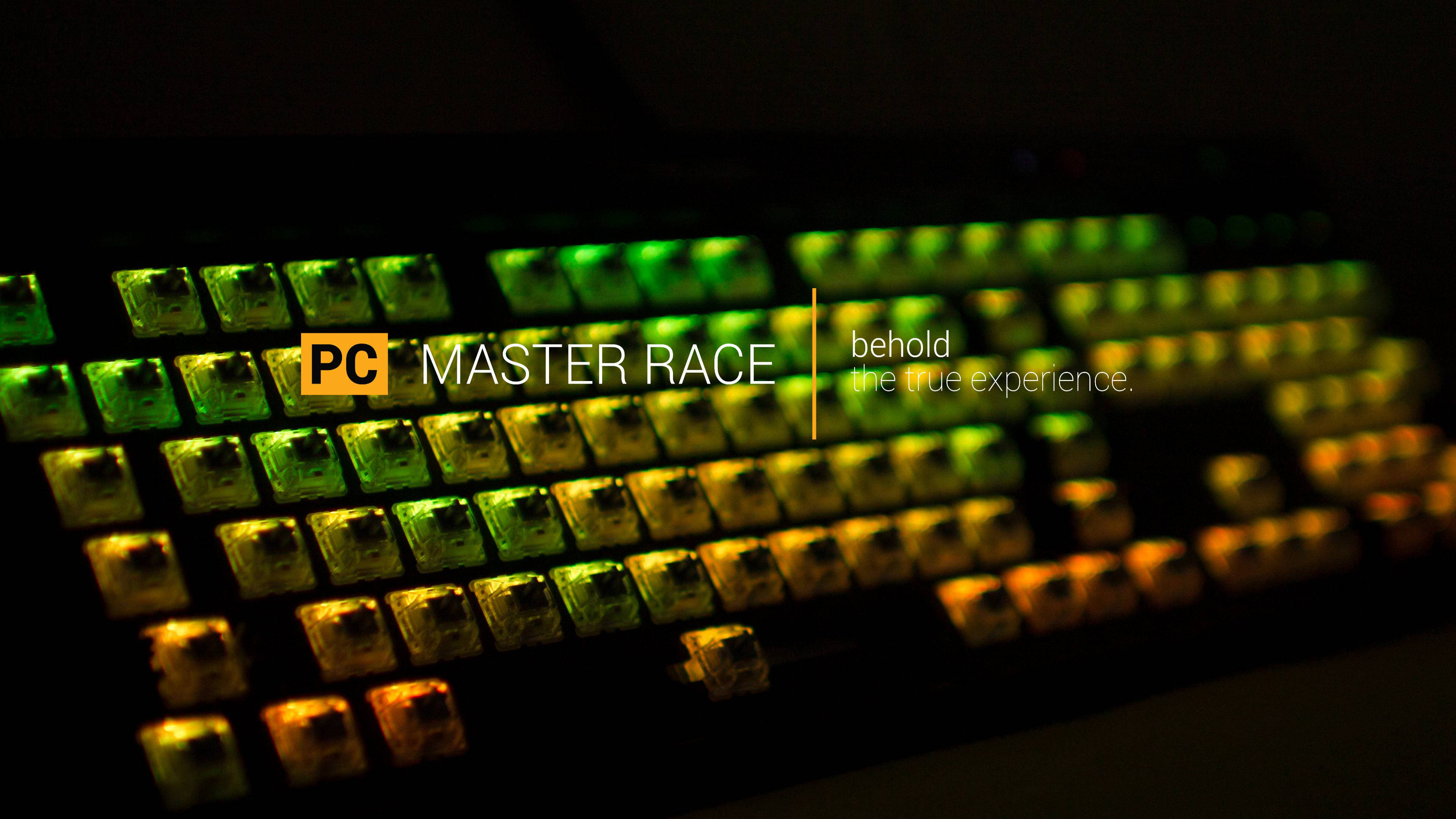 Rgb 4K 桌布 壁紙 — 特寫一個發光綠色和橙色背光鍵盤，帶有「PC MASTER RACE」文字，背景黑暗。
