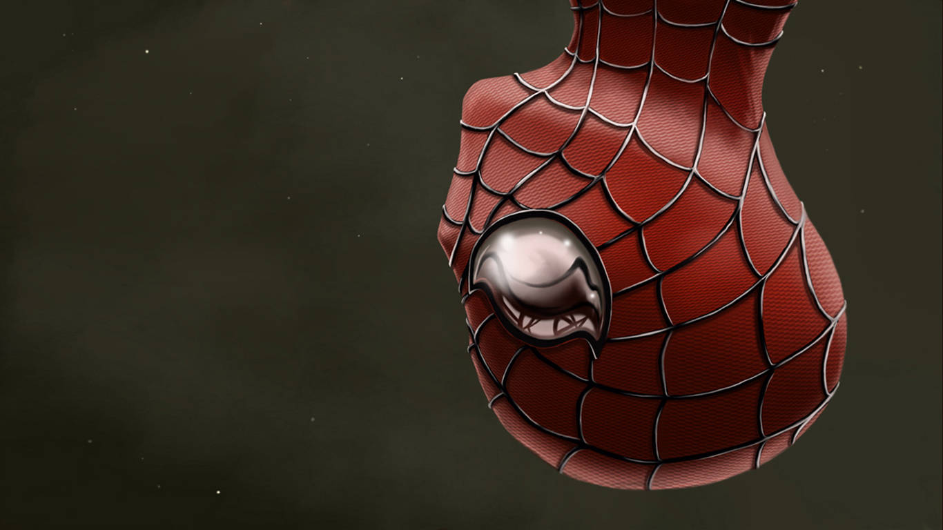 Spiderman 1366x768 桌布 壁紙 — 特寫一個紅黑蜘蛛主題面具，帶有兇惡的白色眼睛，背景為深色。